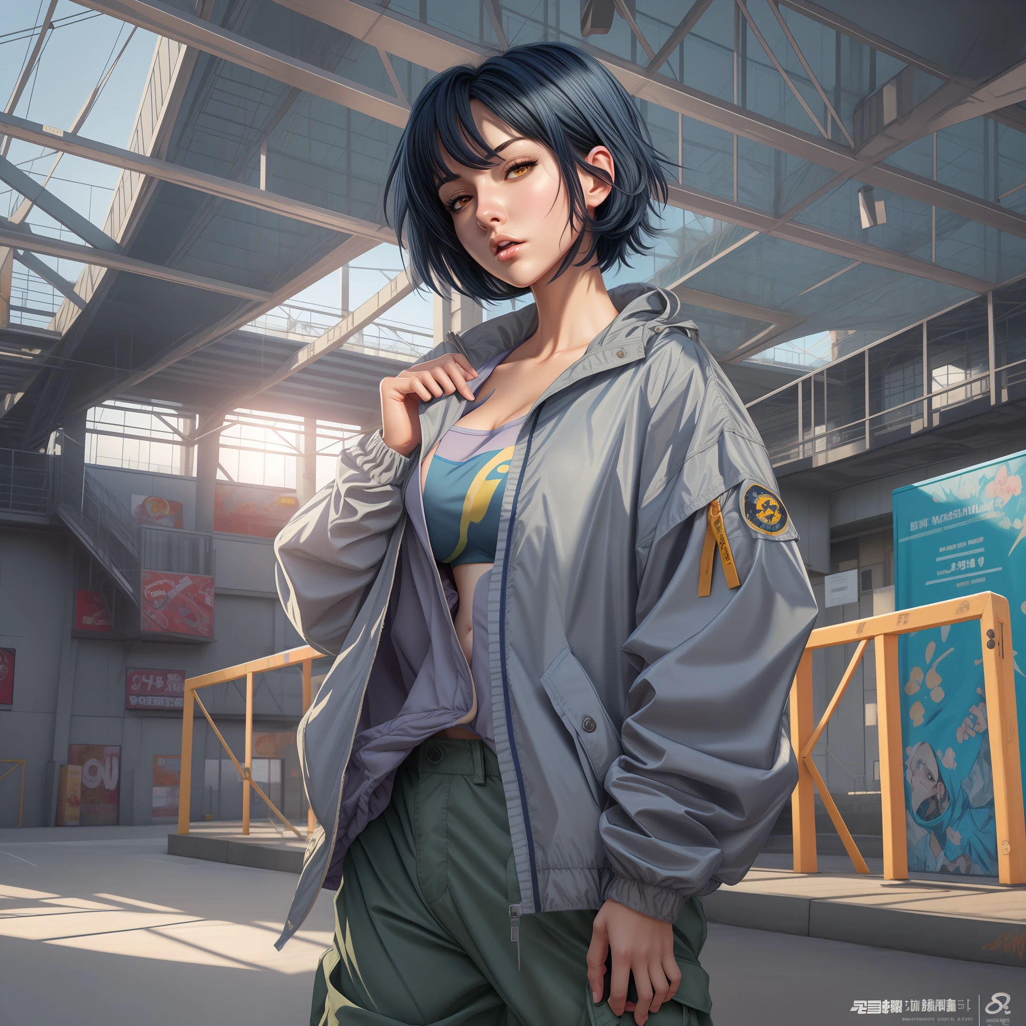 Req:[masterpiece, high resolution, extremely detailed, anime_style, CG, A beautiful woman short dark blue hair,tall height,perky mid sized breast,seductive face looking,(wearing oversize windbreaker jacket),cargo pants,nsfw,full body shot,skatepark setting,sunny lighting,bright colours