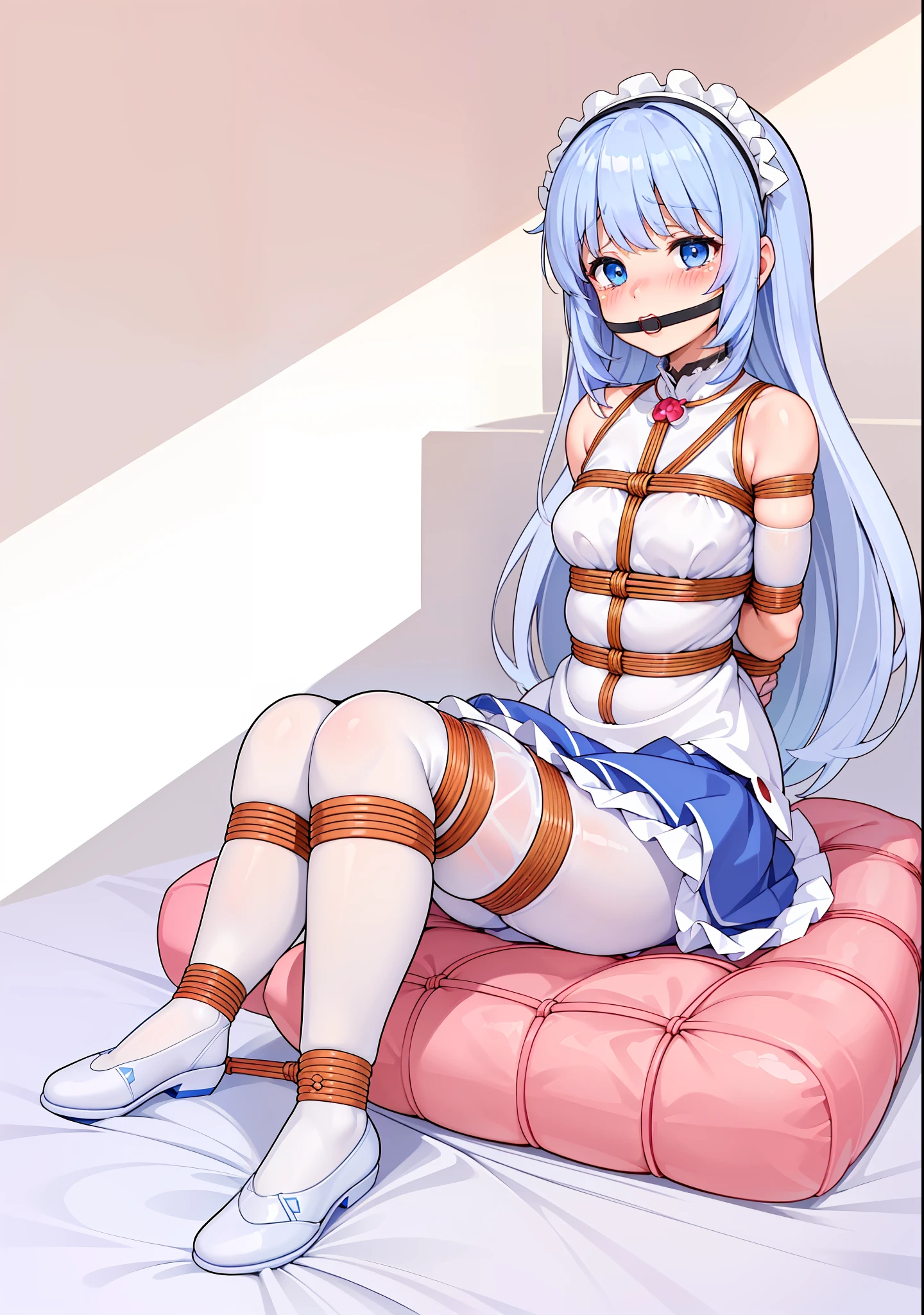 Masterpiece, Best quality,((****)),((***********)),(((kafuu chino))),Blue eyes,((Blush)), ((Tears)), ((Shy)),((gag)),((frilled legwear)),((white pantyhose)), shoes,((((Mary Janes)))),((((Arms_Behind_back)))),((Bondage)),((shibari)),wears_Masturbation, Rape, about_To_Sam_Raped, be  pregnant,