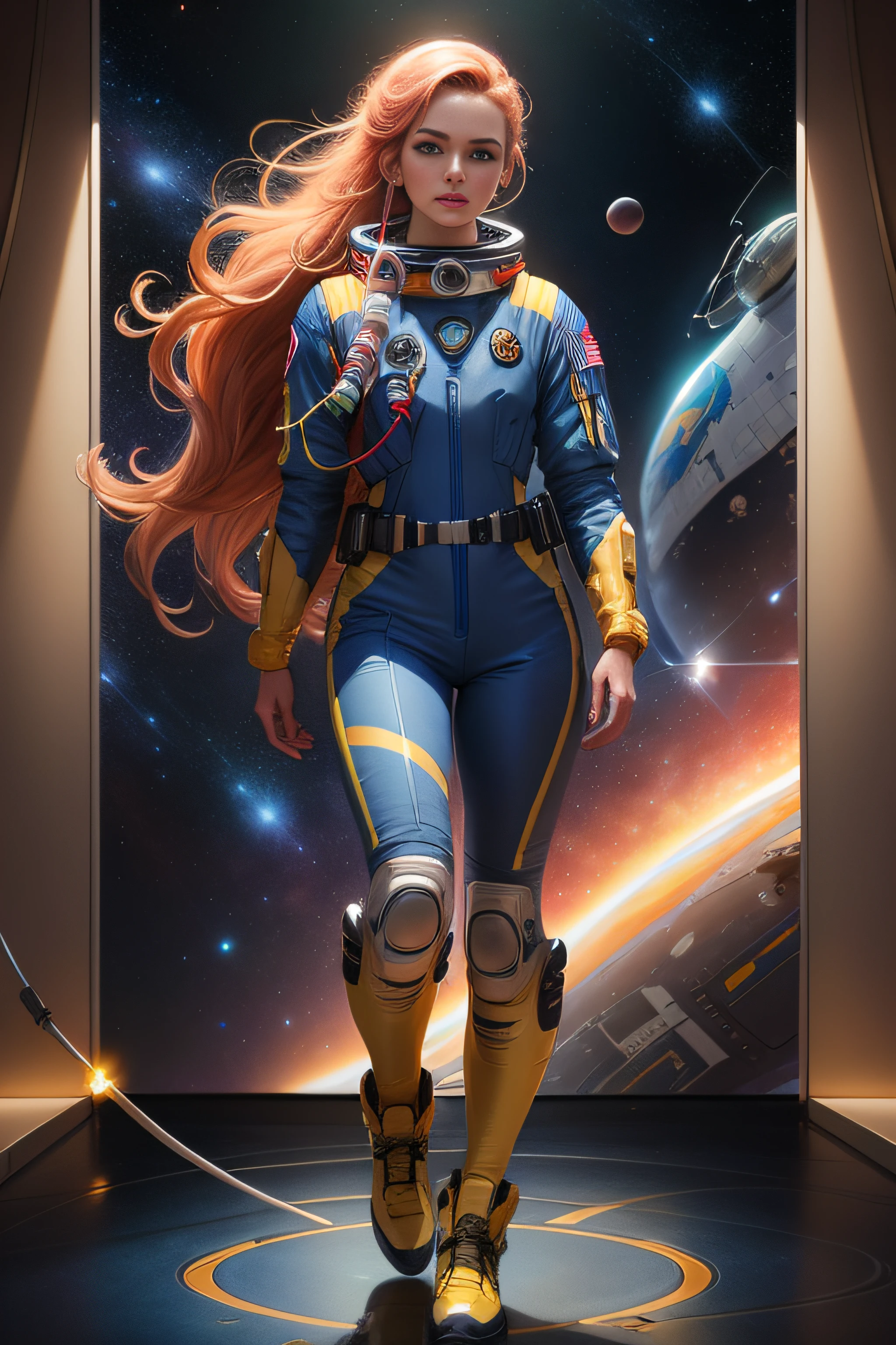 A woman in a spacesuit stands in the doorway, Artgerm JSC, artgerm julie bell beeple, portrait anime space cadet girl, powerful woman sitting in space, sci-fi woman, beautiful woman in spacesuit, Artgerm and Atey Ghailan, girl in space, jen bartel, Retrato Armored Astronauta , wearing spacesuit