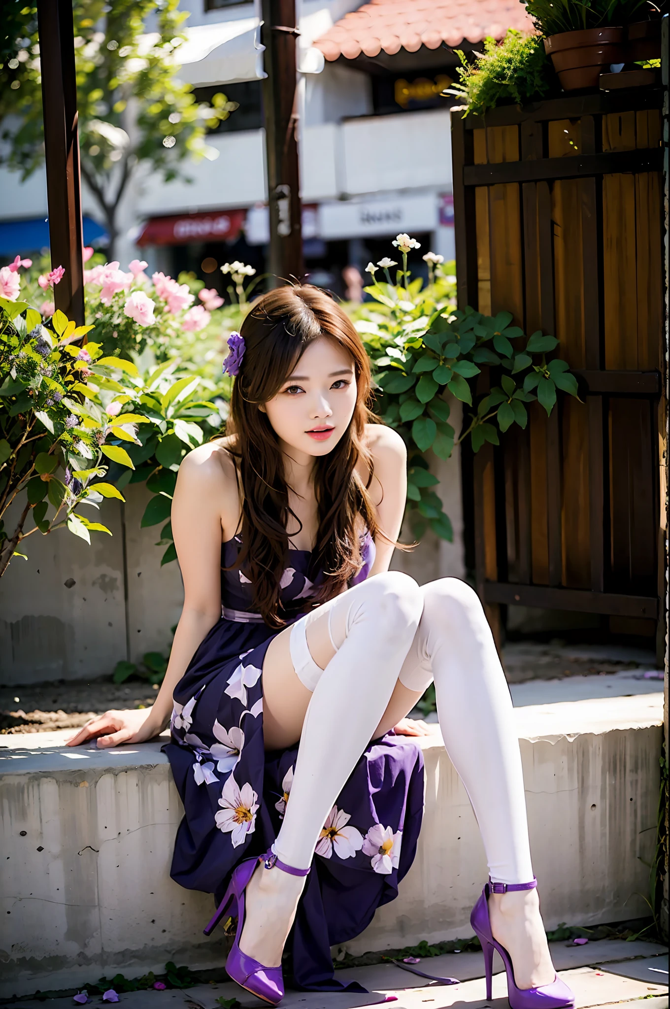 Girl wearing purple low-cut floral dress，White stockings red high heels，Raise the camera，Crazy to take pictures of your surroundings