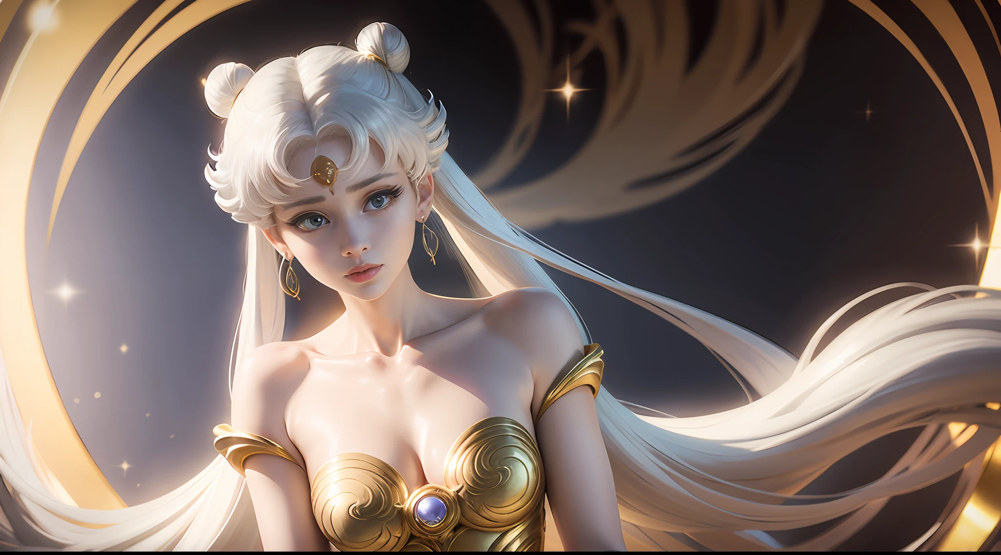 SFW, Marble statue on the water (woman's) Sailor Moon, character Sailor Moon, with a beautiful face, Long limbs with good proportions, beautiful big breasts, Marble case, gold patterns on the body, big eyes, tmasterpiece, breath taking, Viewer, Full growth in the frame, Long white hair, gray hairs, Two bundles on the head, pale skin, Odango hairstyle, The statue is decorated with gold, The Dark Cave, Spotlights, High contrast, Masterpiece, Highest Quality, The best picture quality, Cinematic lighting, photo-realistic