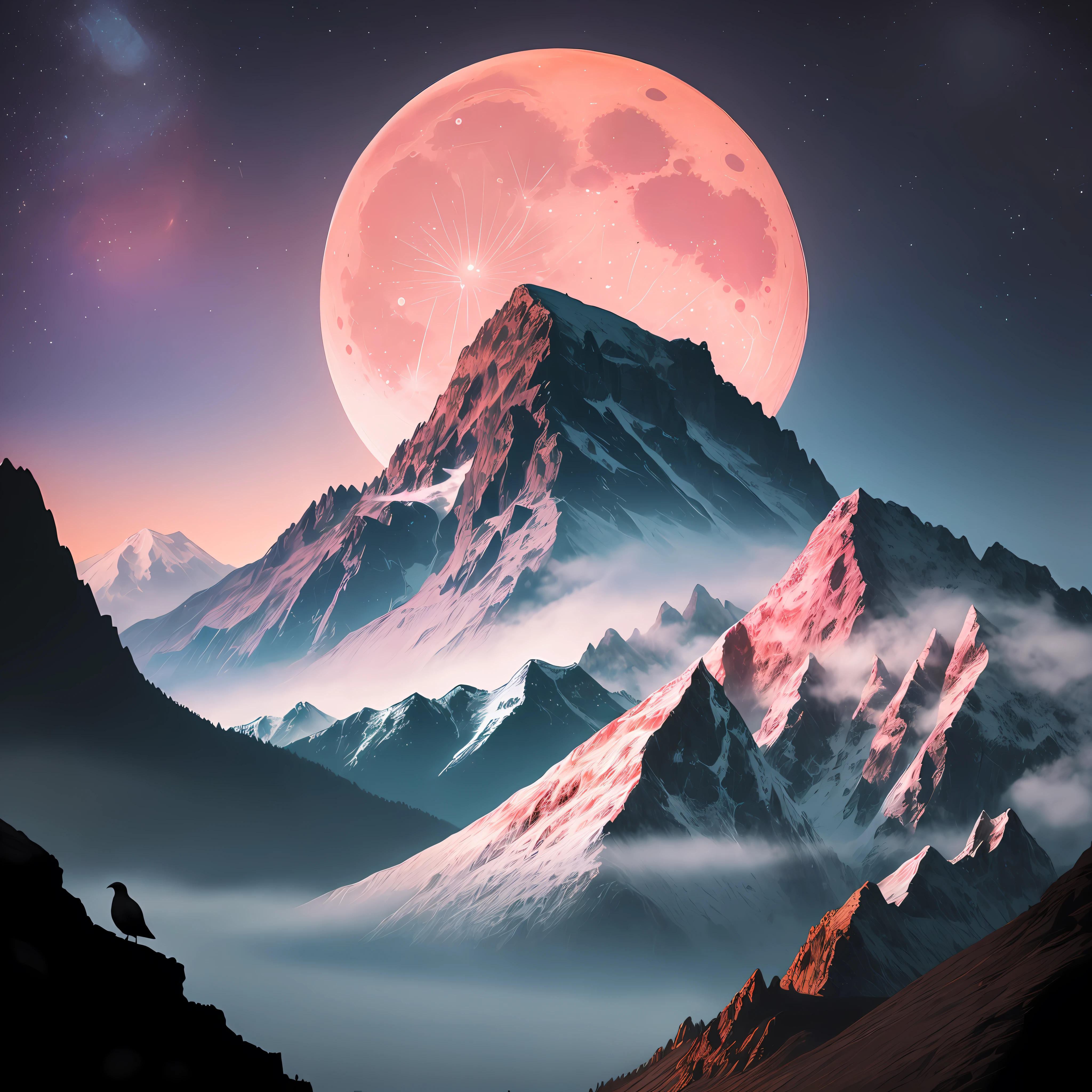 Pink moon between two mountain at night and a dark big bird come near to bird
