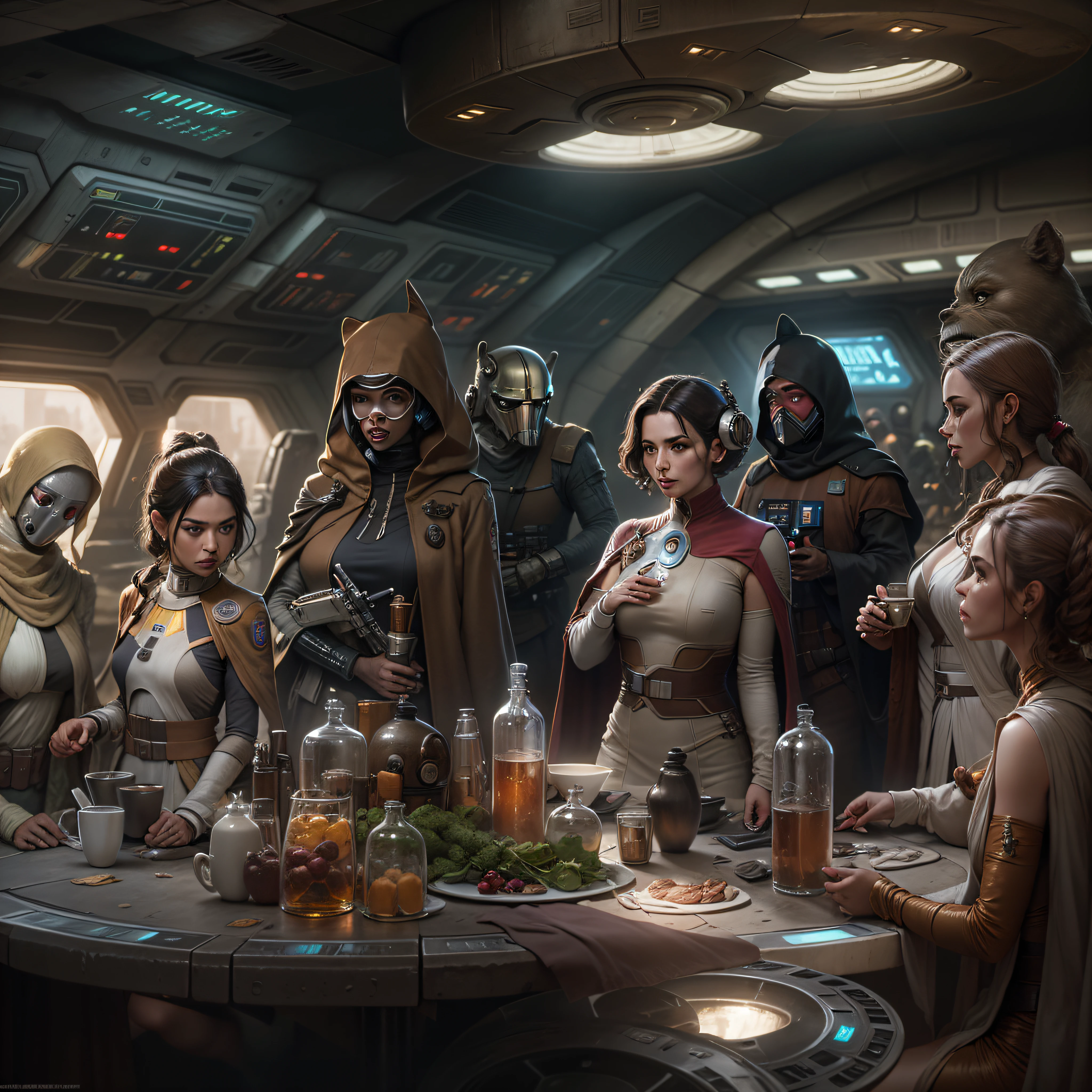 mujeres extraterrestres alienigenas al estilo star wars, se encuentran en una cantina ultramoderna de la ciudad de coruscant.