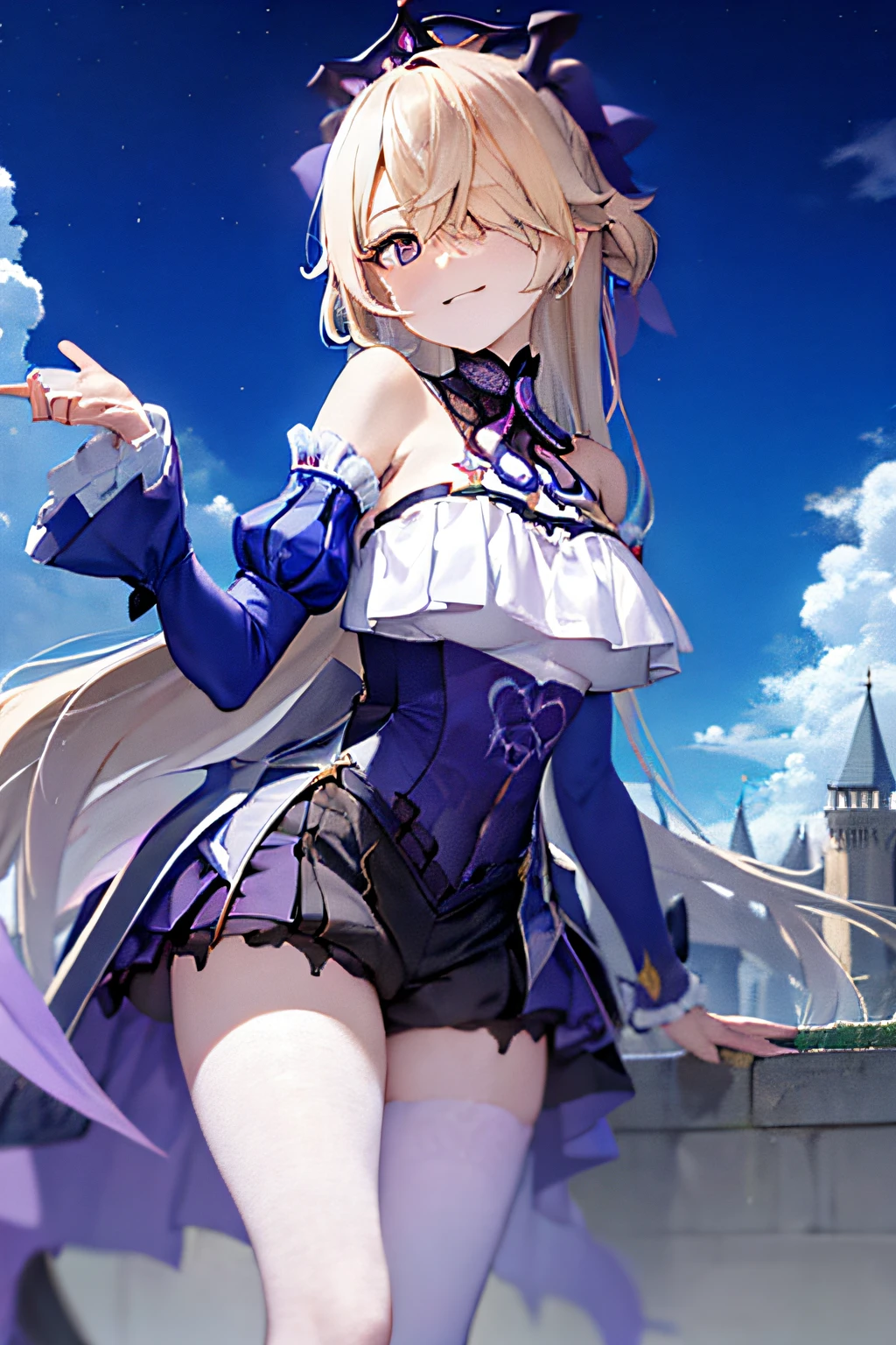 (Realistic painting style:1.1), Masterpiece, Best quality, absurdes, Fischl (An eternal dream) (Impact de Genshin), yeux rouges, (white pupils:1.2), Couleur alternative des yeux, Fischl (Impact de Genshin), Detached collar, detached sleeves, Costume alternatif officiel, 1fille, seulement, cheveux blonds, hair over one eye, Tiare, robe, sourire, cheveux longs, cuisses, bare shoulders, cuisses blanches, manches longues, Regarder le spectateur, Fioritures, bague, lips parted, Robe violette, manches bouffantes, collants, frange, collants blancs, one-leg tights, rougir, Manches Juliette, poitrine, Levez la main, ruban, Frilly sleeves, cuisse simple, Nuit des bijoux, outdoor, castle, lune, (gros seins:0.9)