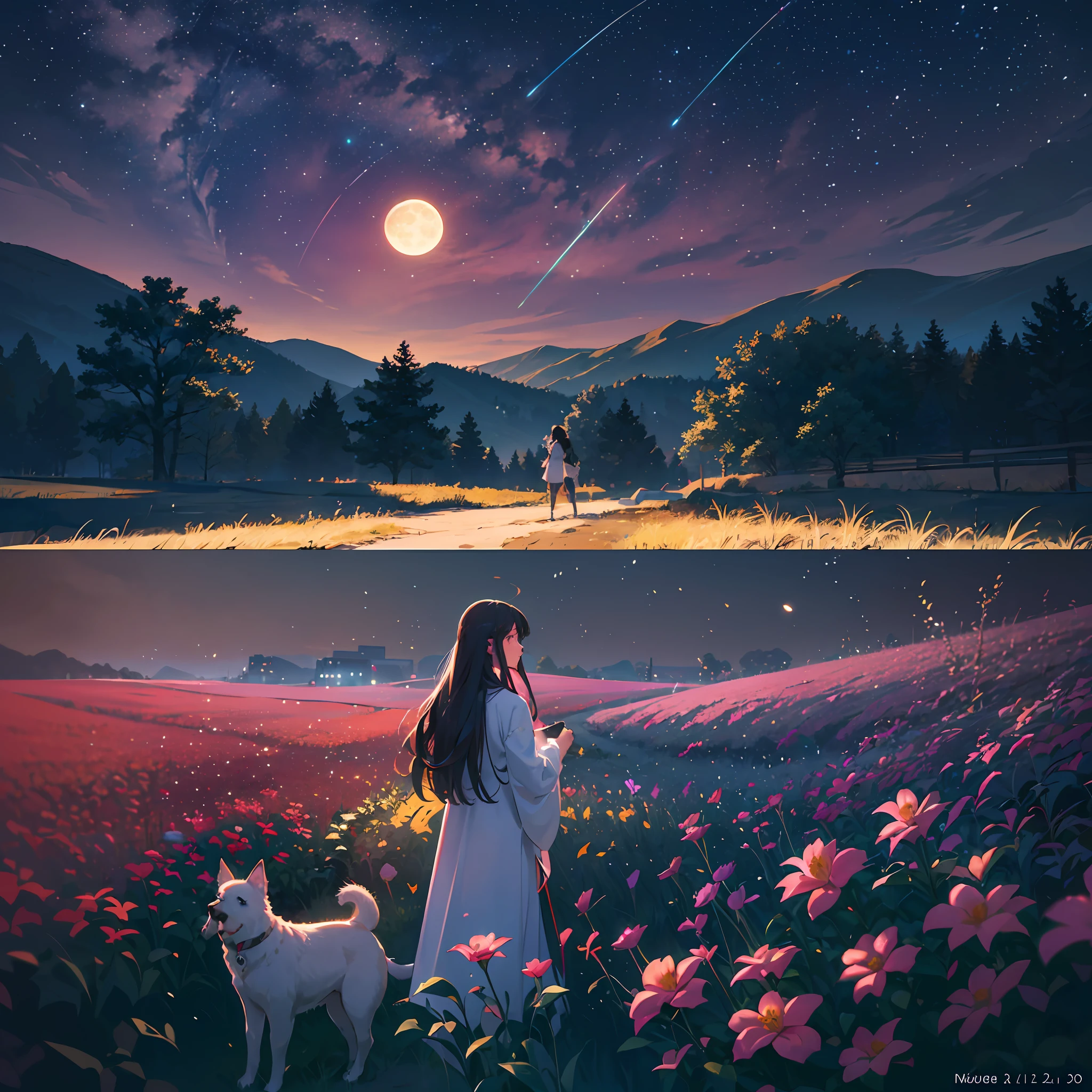 expansive landscape photograph, (Look below.), Above is the sky, Below is an open field), A girl standing on a flower field looking up, (Full Moon: 1.2), (Meteor: 0.9), (Nebula: 1.3), distant mountain, Tree BREAK making art, (Warm light source: 1.2), (Firefly: 1.2), lights, Lots of purple and orange, complicated detail, volume lighting, Realism BREAK (Masterpiece: 1.2), (best quality), Ultra-detailed, (Dynamic composition: 1.4), RAWExtremely detailed, Colorful details, (Rainbow colors: 1.2), (glowing lighting, atmospheric lighting), Dreamlike, Magical, (Solo: 1.2), 4k , two yellow trees, dog near the girl --auto --s2