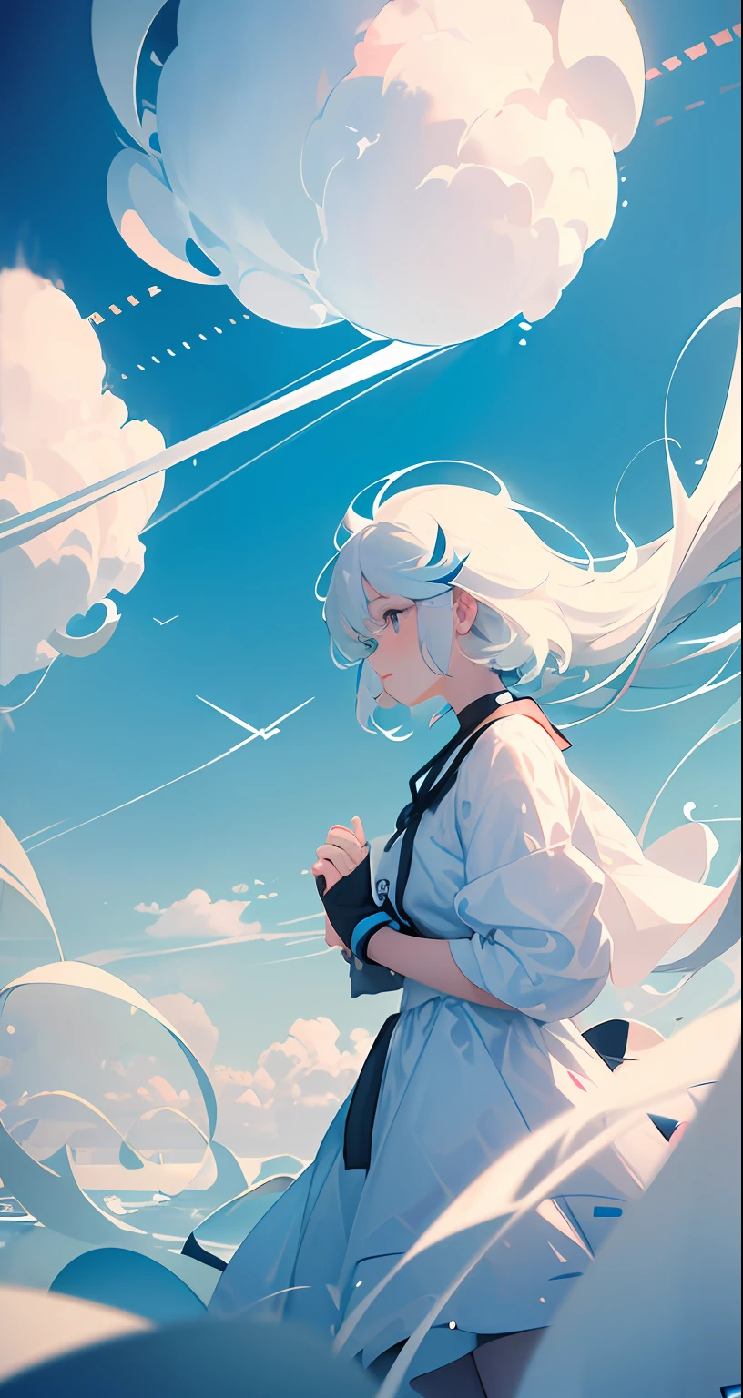 masterpiece, best quality, movie still, 1girl, floating in the sky, cloud girl, cloud, (close-up:1.1), bright, happy, fun, soft lighting, (Bauhaus, shapes, lines, abstract:1.1)