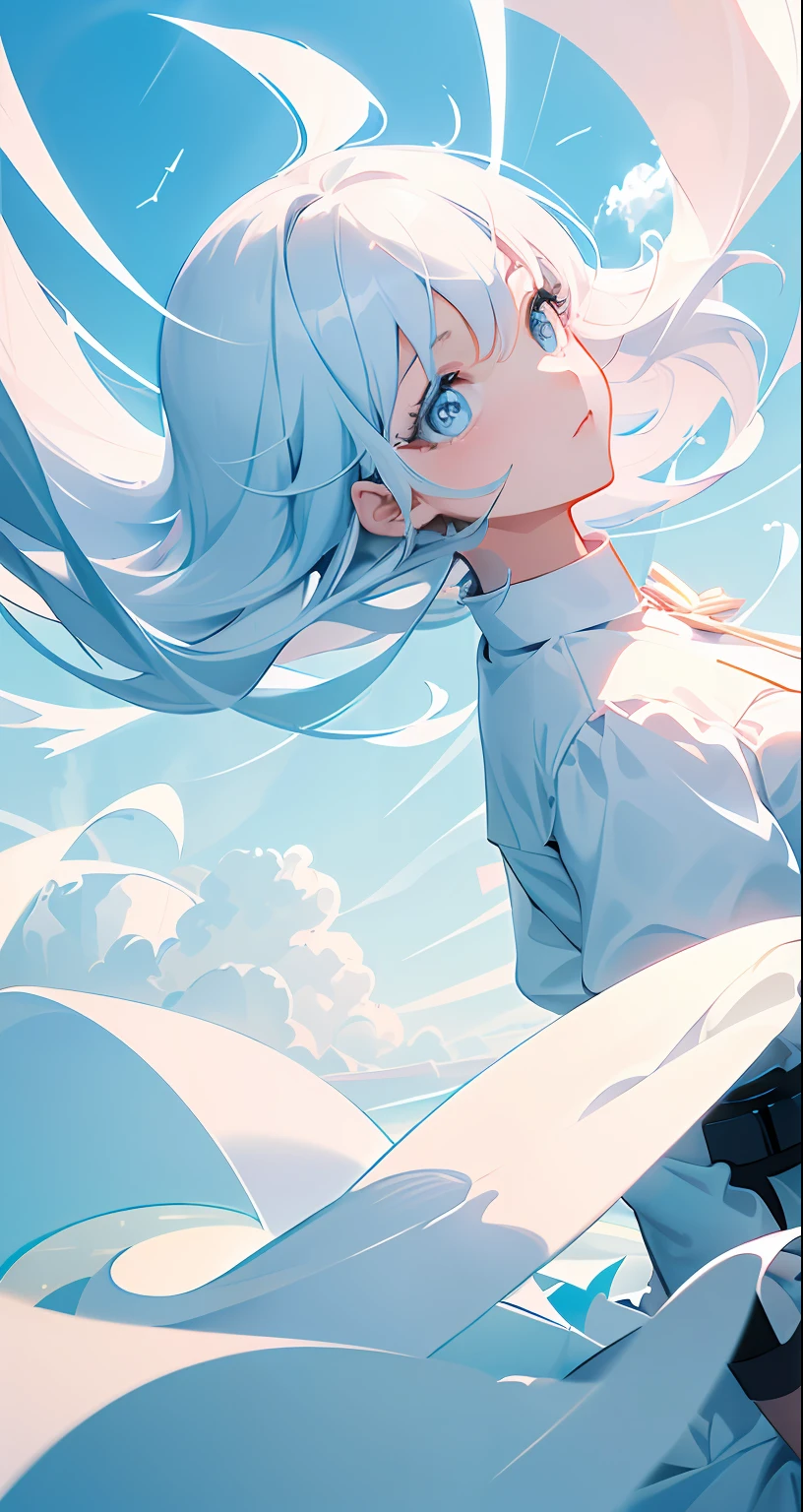 masterpiece, best quality, movie still, 1girl, floating in the sky, cloud girl, cloud, (close-up:1.1), bright, happy, fun, soft lighting, (Bauhaus, shapes, lines, abstract:1.1)