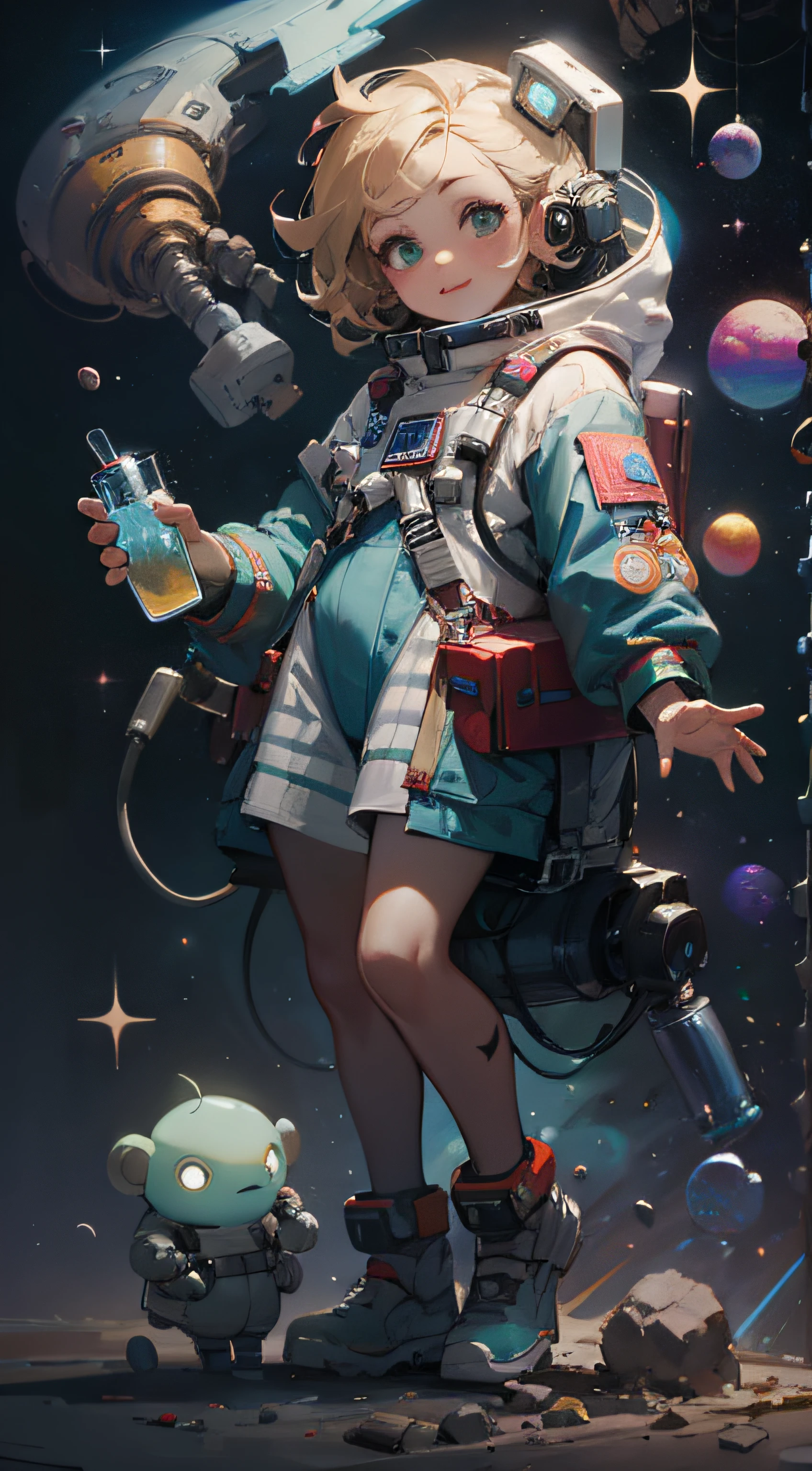 A girl in an astronaut suit holds a glass and some small objects, portrait anime space cadet girl, futuristic astronaut, Retrato Armored Astronauta Menina, girl in space, Science-fi digital art illustration, science fantasy painting, creepy astronaut, Beeple and Jeremiah Ketner, Ross Tran 8 K, Astronaut Cyberpunk Electric, wojtek fus, Cute detailed digital art,Bright colors,Bigboobs