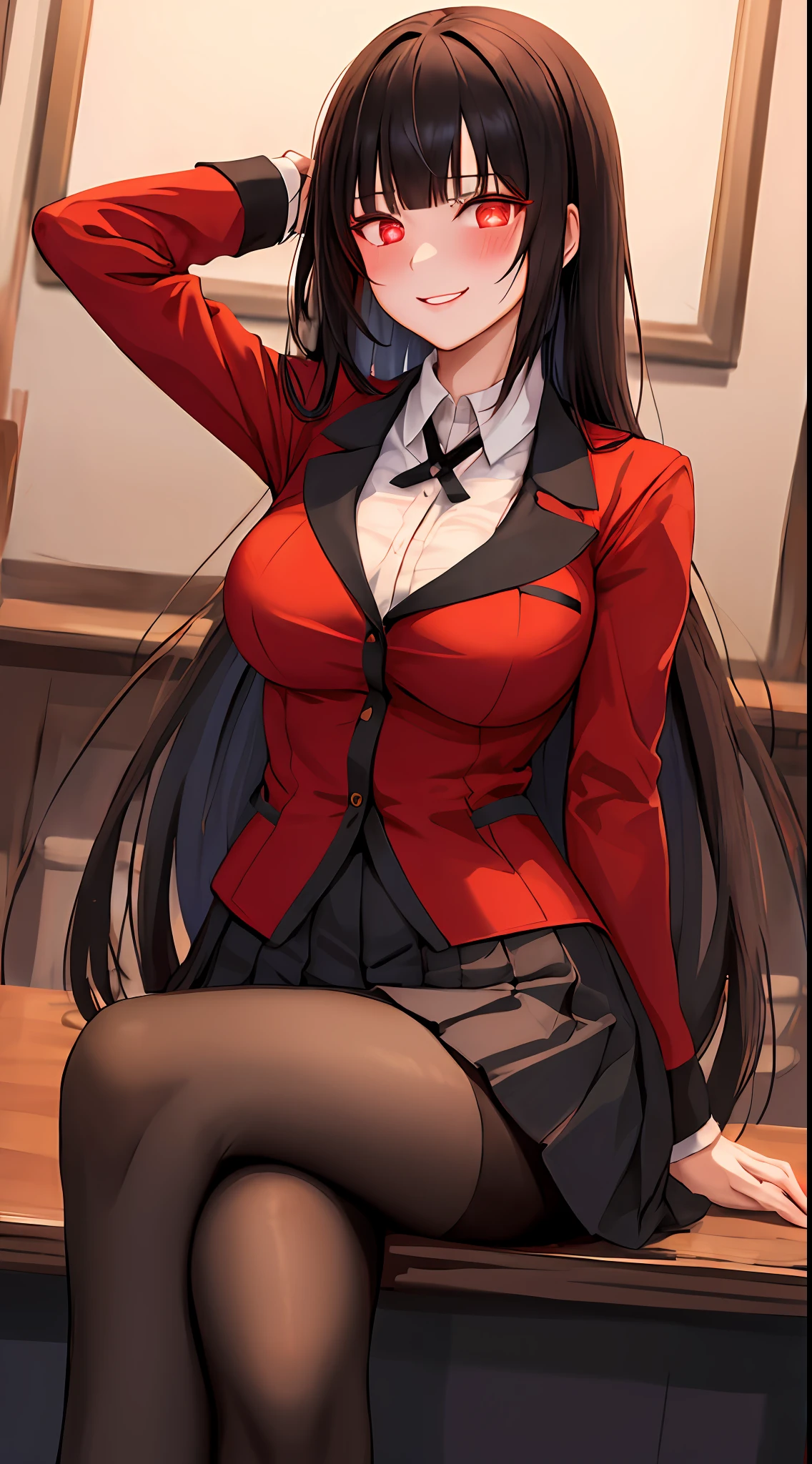masterpiece, best quality, highres, hmjy1, long hair, blunt bangs, school uniform, red jacket, black pantyhose, white shirt, black ribbon, pleated skirt, long sleeves, cowboy shot, glowing eyes, blush, evil smile, sitting, classroom, dark background, crossed legs,