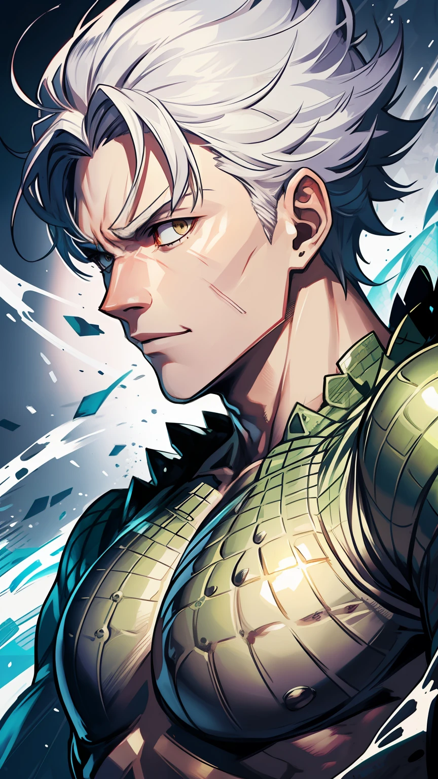 Generate an upper body portrait of an anime-style character that combines the features of a muscle man and an alligator. The character has white crocodile-like scales scattered across his skin, face, and body parts. Despite the crocodile's characteristics, make sure its humanoid aspects remain prominent. The character's design should reflect the distinctive characteristics of a crocodile, but maintain a balance with its human side. Add a large amount of white crocodile scales. He wears a white t-shirt.