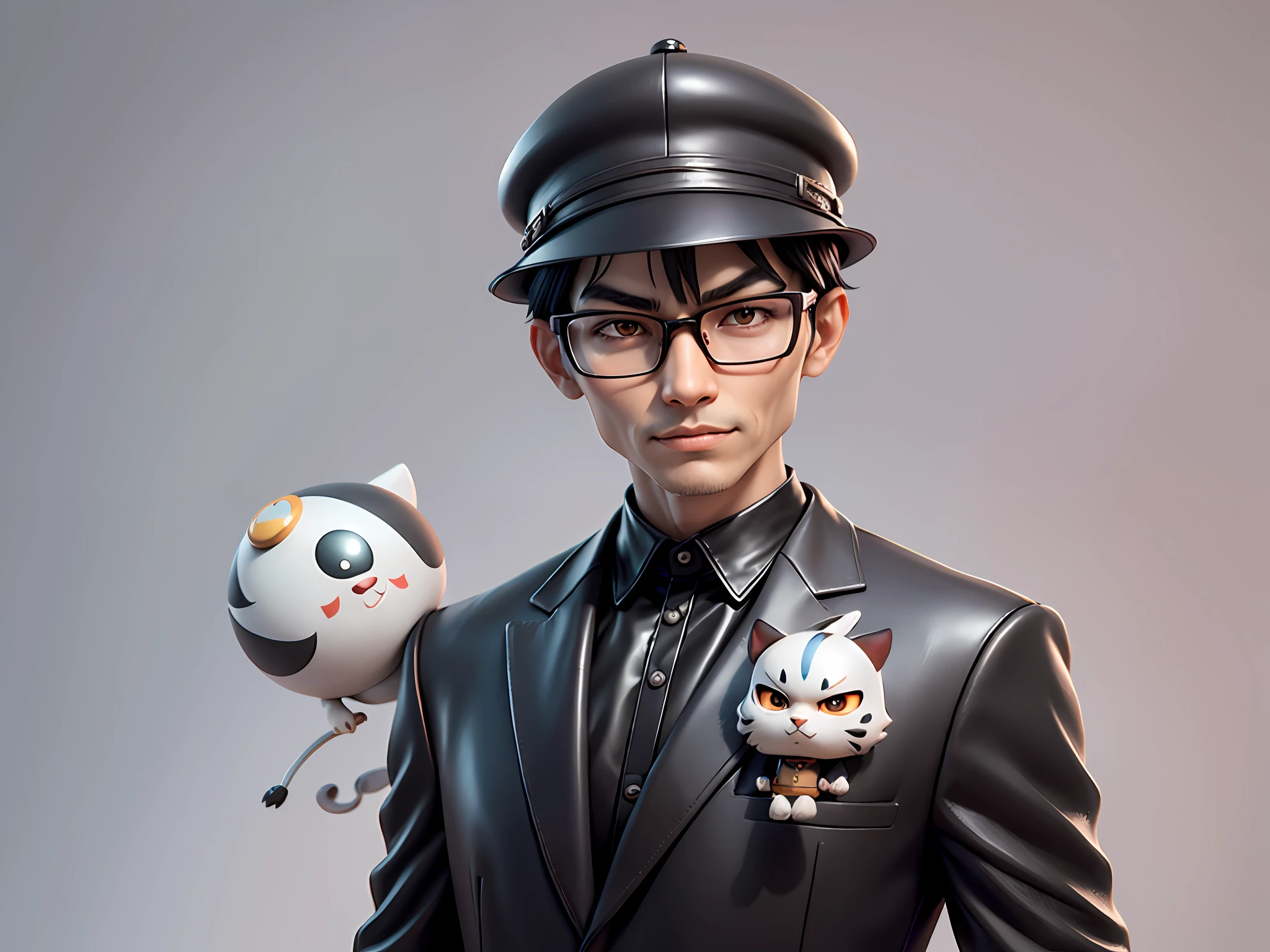Young man with oriental face in leather hat, tiger, oriental face in formal suit, short black hair, silver glasses, digital painting, 3D character design by Mark Clairedon and Pixar and Hayao Miyazaki and Akira Toriyama, the illustration is a high-definition illustration in 4K resolution with very detailed facial features and cartoon-style visuals.