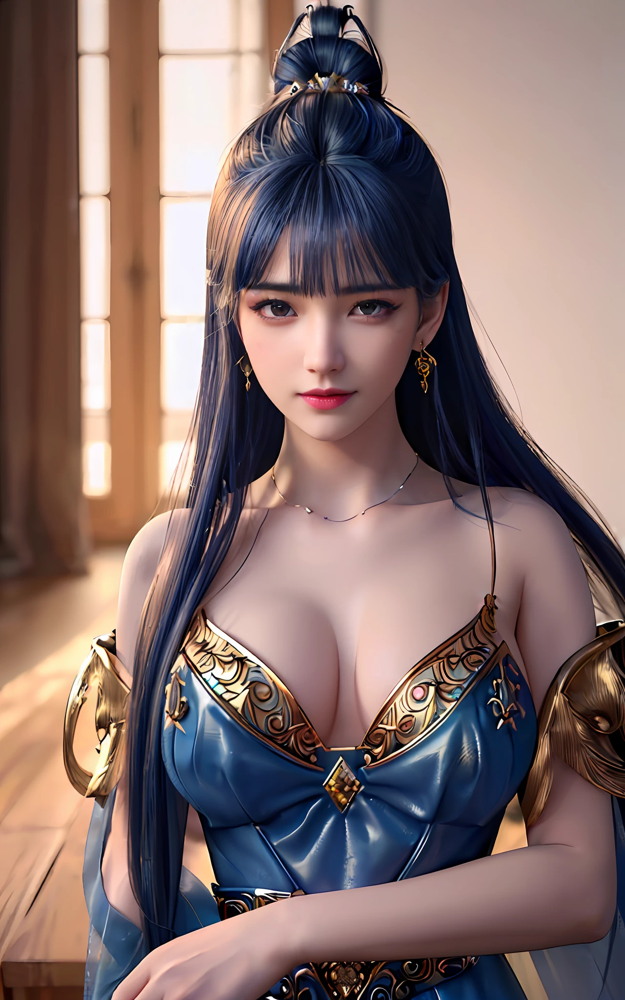 ((realisticity: 1.2)), ((best resolution: 8K UHD)), best quality,masterpiece,highres,cg,
((1 super detailed and super realistic girl)), ((very beautiful queen dazzling, super realistic, and super detailed)), long hair, ((super realistic and super detailed dress)), solo, ((super realistic, super beautiful, gorgeous and super detailed jewelry)), ((super beautiful, super realistic and super detailed dark blue and golden yellow dress)),
((super beautiful, super realistic, super detailed diamond filled earrings)),
((super beautiful, super realistic and super detailed diamond filled hair ornament)), ((super beautiful upper body, super beautiful, super realistic and super detailed)), ((big breasts: 2.1)),
((super grand, super realistic and super detailed royal palace backgroun))
((super beautiful, super beautiful, super realistic and super detailed hair bun)), ((super beautiful, super realistic and super detailed blue hair)),
candid, Photograph, high resolution, 8k,Bokeh,