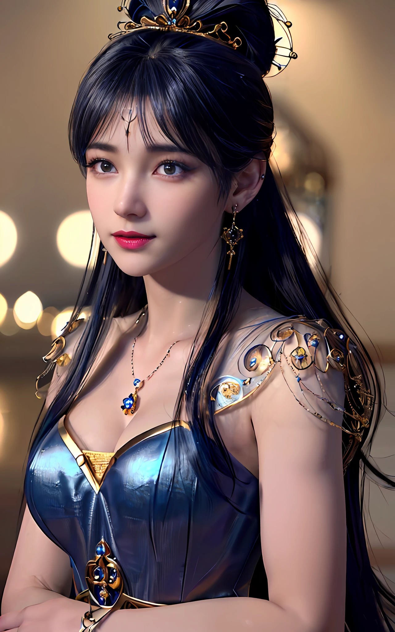 ((realisticity: 1.2)), ((best resolution: 8K UHD)), best quality,masterpiece,highres,cg,
((1 super detailed and super realistic girl)), ((very beautiful queen dazzling, super realistic, and super detailed)), long hair, ((super realistic and super detailed dress)), solo, ((super realistic, super beautiful, gorgeous and super detailed jewelry)), ((super beautiful, super realistic and super detailed dark blue and golden yellow dress)),
((super beautiful, super realistic, super detailed diamond filled earrings)),
((super beautiful, super realistic and super detailed diamond filled hair ornament)), ((super beautiful upper body, super beautiful, super realistic and super detailed)), ((big breasts: 2.1)),
((super grand, super realistic and super detailed royal palace backgroun))
((super beautiful, super beautiful, super realistic and super detailed hair bun)), ((super beautiful, super realistic and super detailed blue hair)),
candid, Photograph, high resolution, 8k,Bokeh,