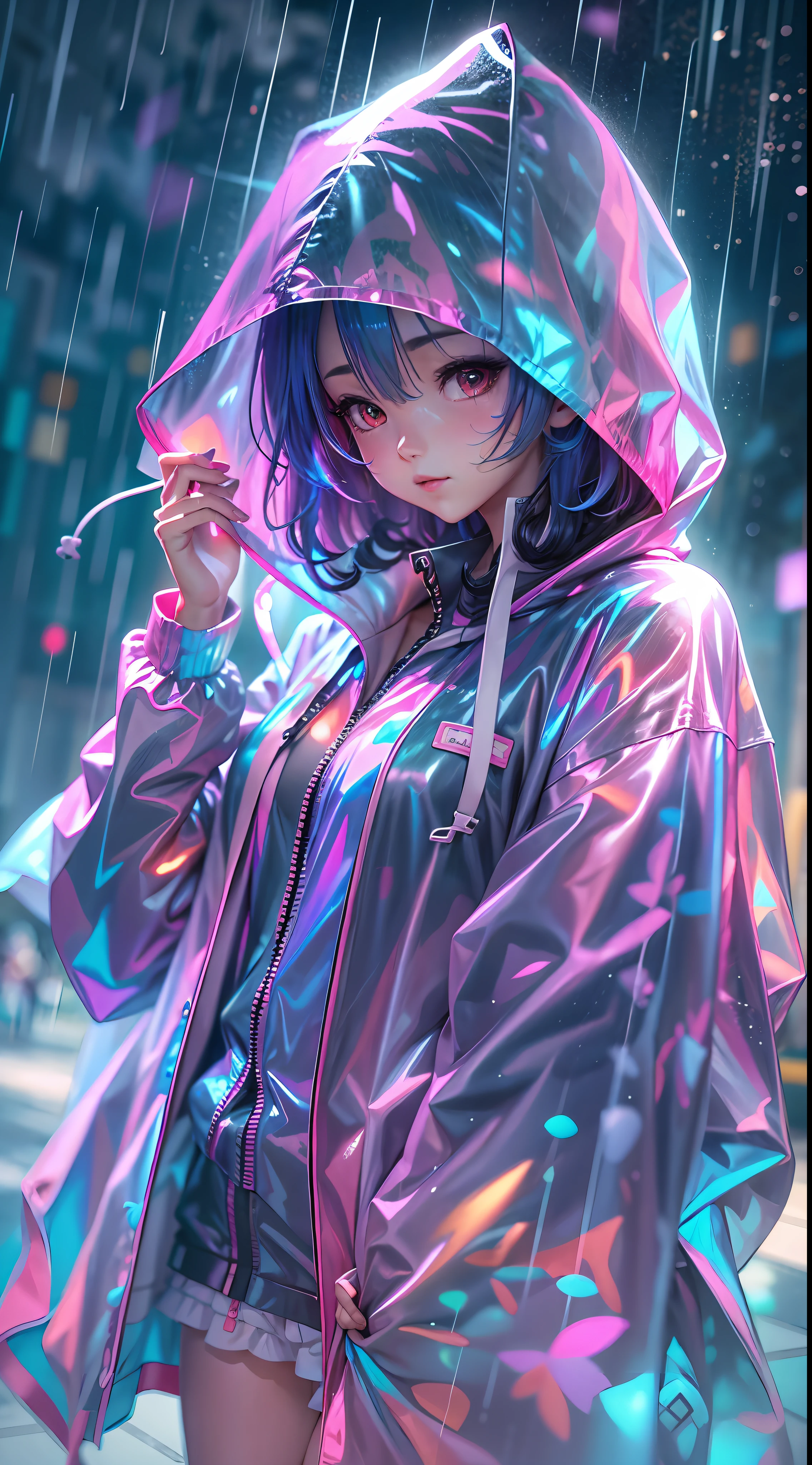 Anime cartoon silly girl Rem standing in the rain wearing a long raincoat, illustration iridescent, magically glowing, shiny colorful, holograph, By Yuumei, Anime art wallpaper 8 K, Guviz-style artwork, Anime art wallpaper 4k, Anime art wallpaper 4 K, girl in raincoat, Beautiful anime artwork, Digital anime art, Guviz