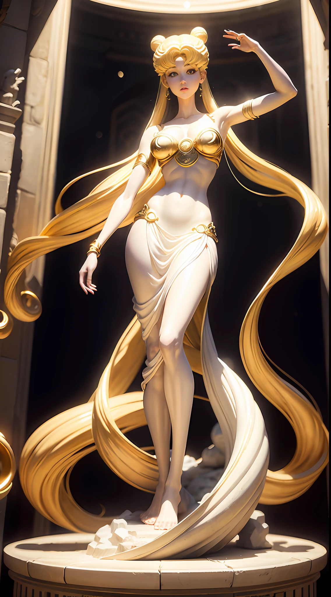 sfv, Marble statue on the water (Woman's) Sailor Moon, Sailor Moon stone statue, long limbs，Good proportions, Beautiful big breasts, Marble body, Gold pattern on the body, large anime eyes, tmasterpiece, breath-taking, peeping at the viewer, Full growth in the framework, Long white hair, whaite hair, There are two bundles on the head, Odango hairstyle, The statue is decorated with gold, Cave of Darkness, Spotlights, High contrast, Masterpiece, Highest quality, The best picture quality, Cinematic lighting, photo-realistic