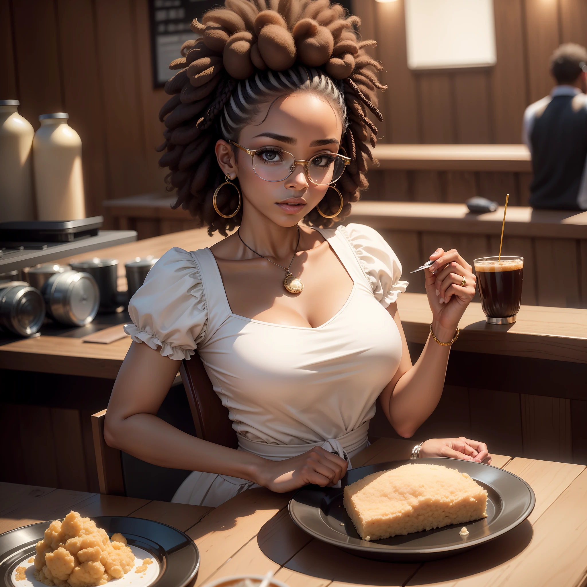 foto retrato de TinaKunakey, cabelo afro enorme preso, mulher bonita, penteado para cima preso ,  With eye Glasses , sitting at the bar with couscous plate on the table and coffee  (obra-prima) (melhor qualidade) (detalhado) (8k) (HDR) (papel de parede) (cinematic lighthing) (foco nítido) (intrincado