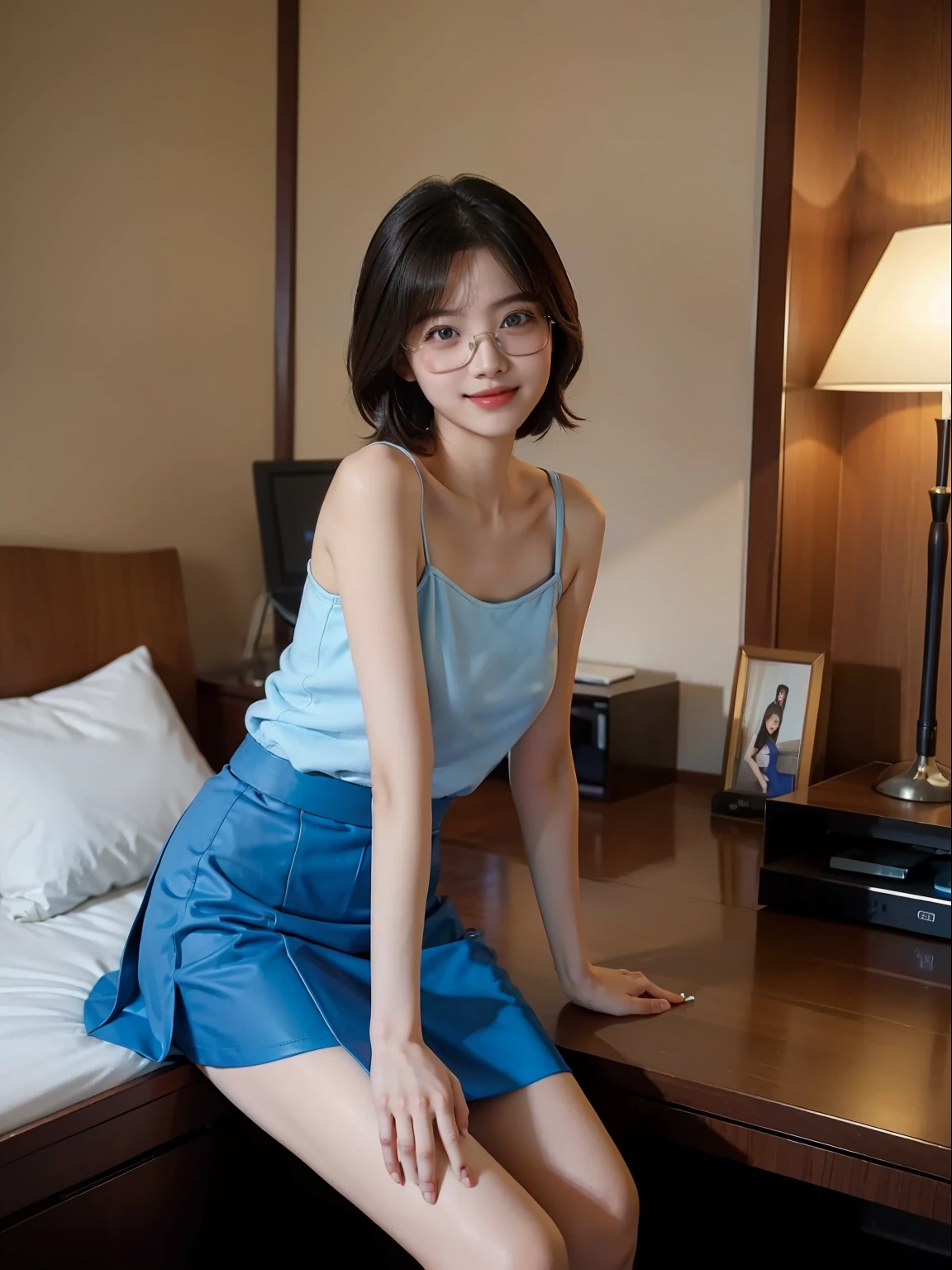best qualtiy, tmasterpiece, 超高分辨率, realisticlying, 1girll, bshoulders, ssmile,eye glass,blue skirts