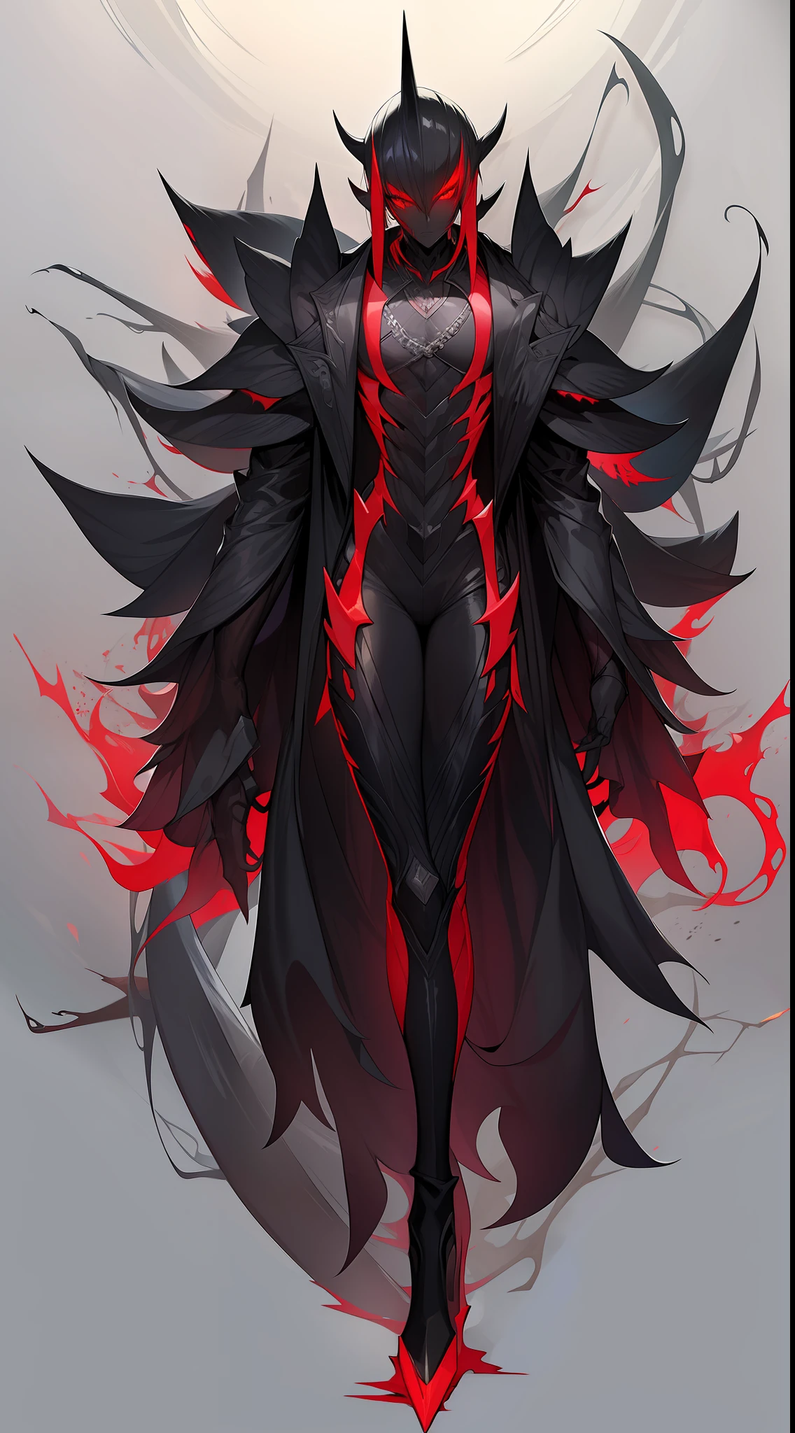 a humanoid black skin monster wearing a black suit with red details, shining red eyes, short born hairs, aura with vine color