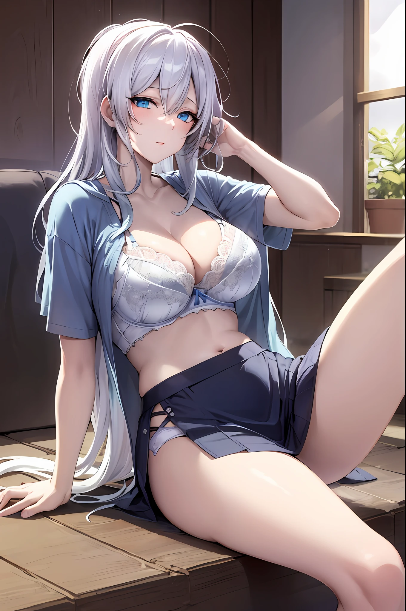 Best quality, silver hair and blue eyes, large breasts, cleavage, navel, t-shirt, ((bra)),clothes lift, skirt, lying, full Body, perfect body ,sitting, armpit