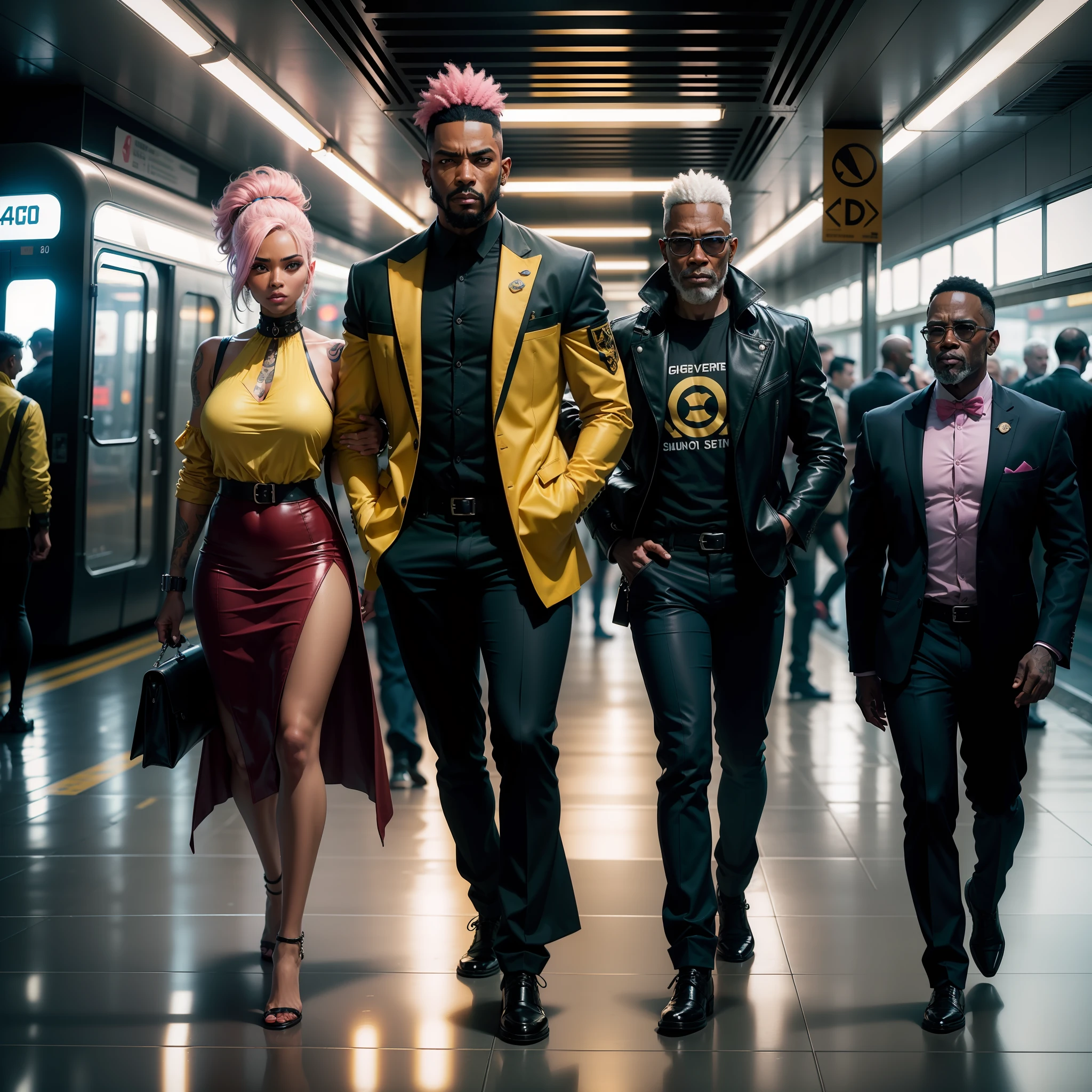 gostaria de uma imagem estilo cyberpunk em 4k de 3 personagens de mais ou menos 40 anos ,portanto,portanto,africano, forte, musculoso de pele negra ,barba grande,barba, Estiloso Barbon,com cabelo punk estilo anos 80 na cor amarelo e cinza escuro,muito eLegante,, futurista e estiloso neon , com uma tatuagem super colorida e com neon ,Toattoo, facing a metro station on the platform , with station lights failing in a dimly lit environment, standing dressed in a dark yellow suit with a pink bow tie and baggy shirt.
