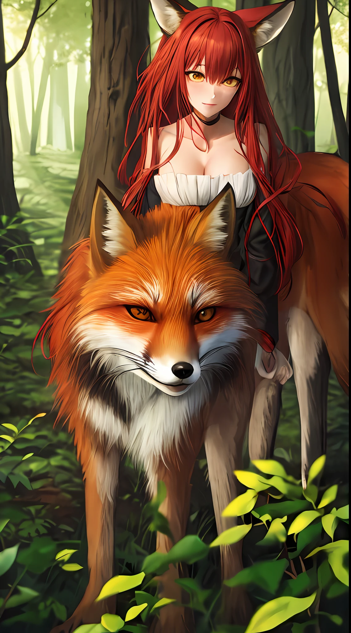 Stunning high-quality image about a red fox woman in a magical forest