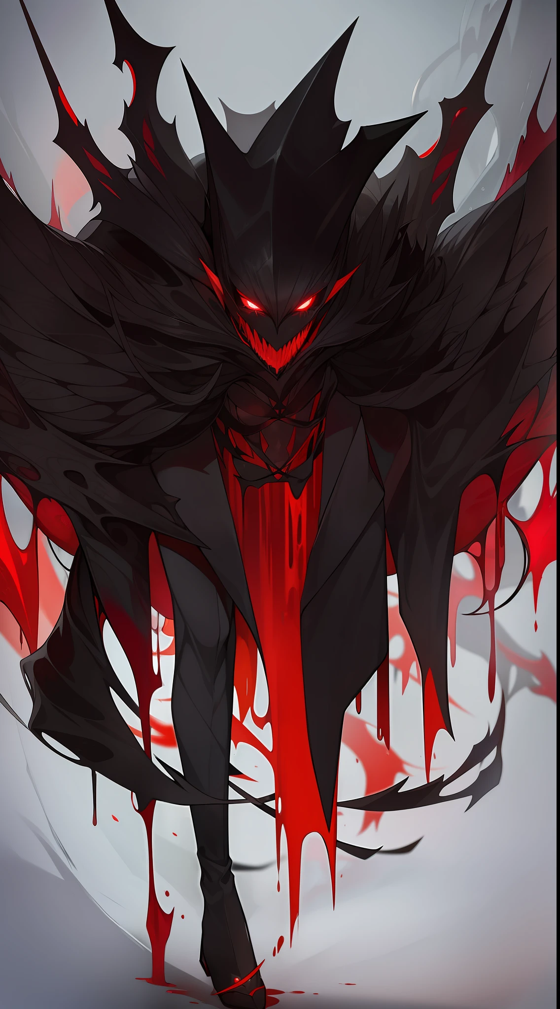 a humanoic black skin monster wearing a black suit with red details, shining red eyes, short born hairs, aura with vine color