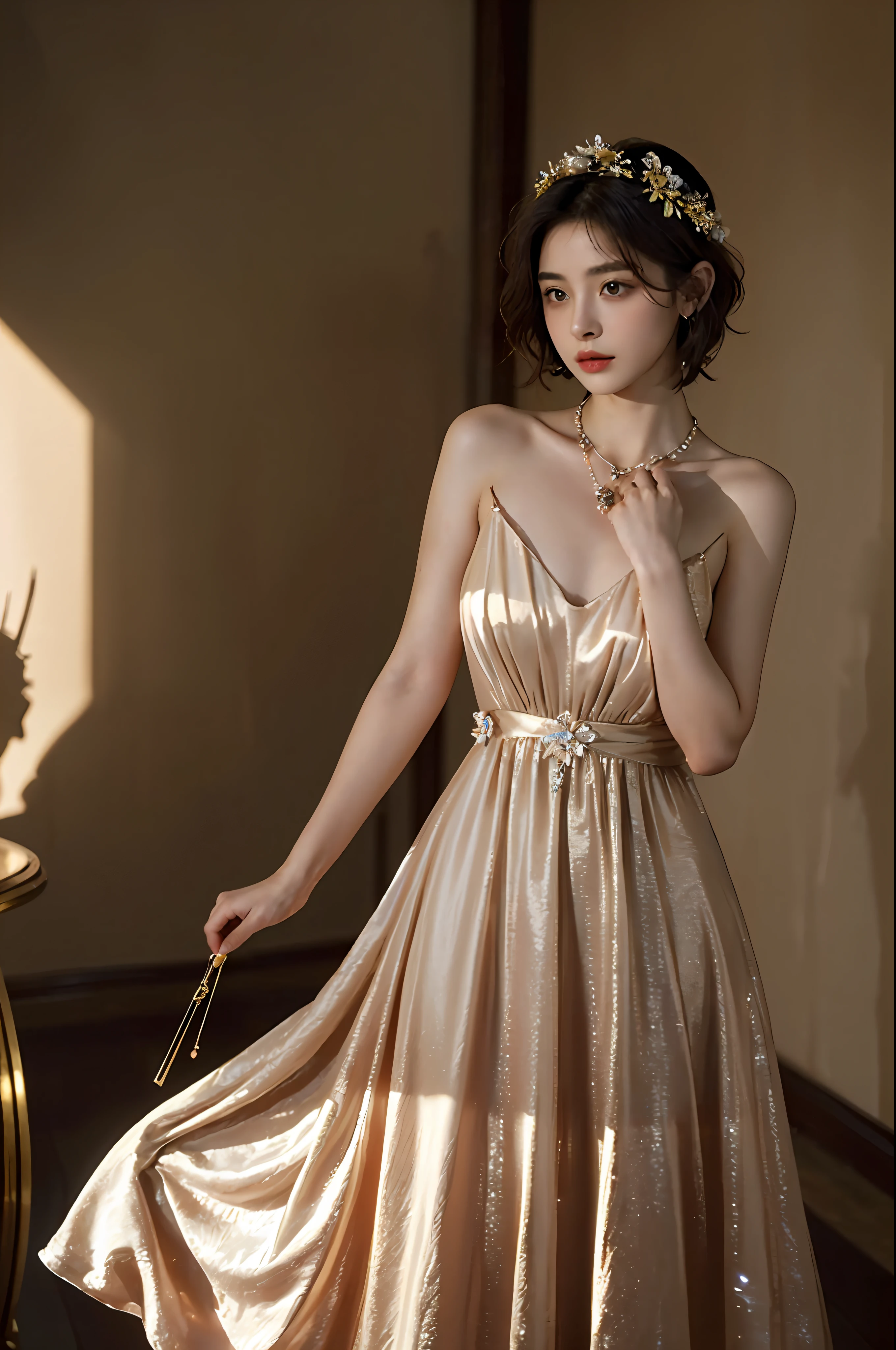 top-quality、​masterpiece、超A high resolution、(Photorealsitic:1.5)、Raw foto、1girl in、murky、deep-shadows、Unobtrusive、cold light、sexy appearance、shorth hair、((very_short_hair))、((Luxury evening dresses))、((Luxurious painting))、((Luxurious necklace))、((Floral hair ornament))、((hair_ornament))