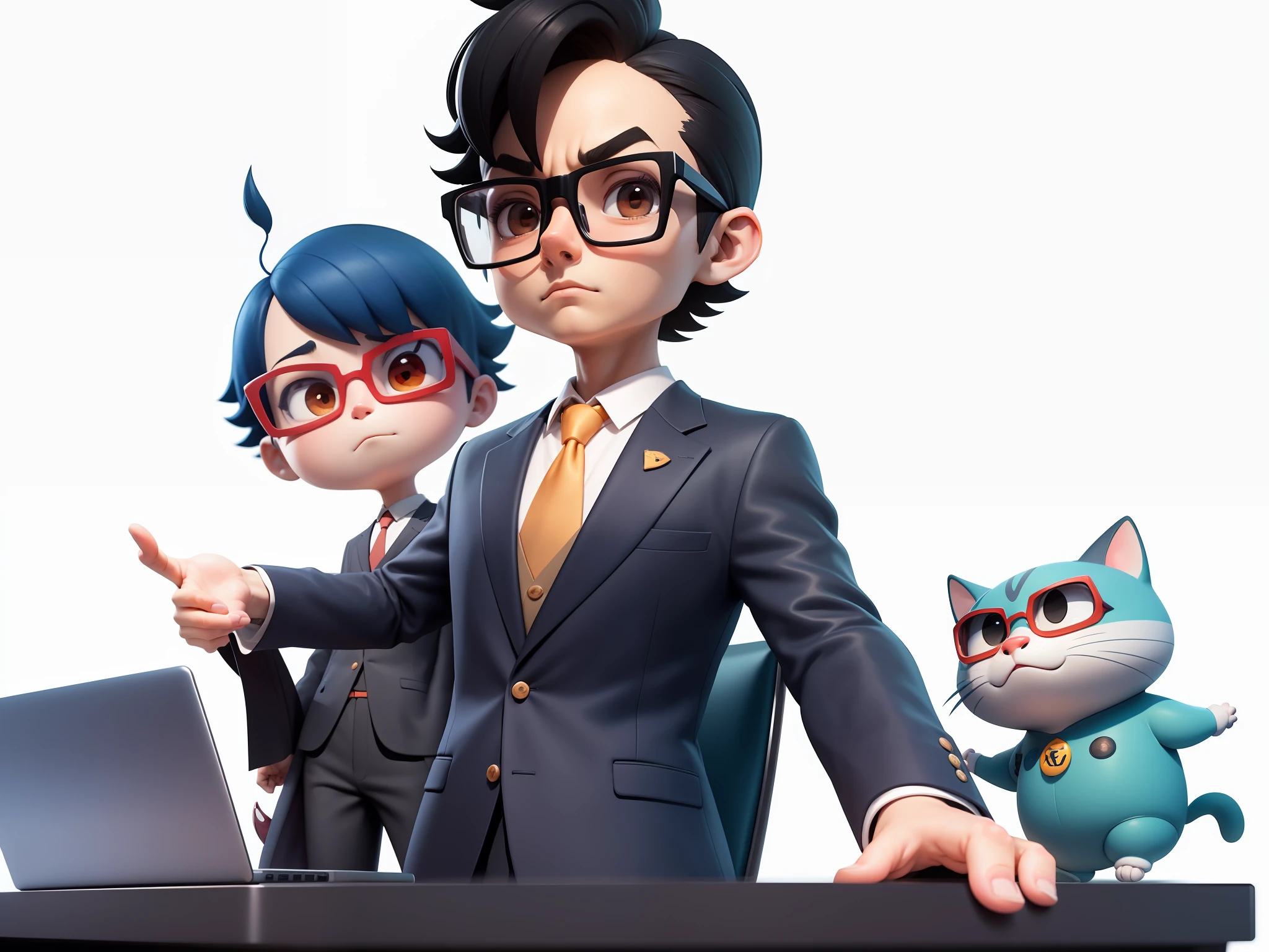 A young man in a suit, Short hair and glasses sat at his desk，holding laptop，digitial painting，tigre，3D character design by Mark Clairen and Pixar and Hayao Miyazaki and Akira Toriyama，4K HD illustration，Very detailed facial features and cartoon-style visuals。