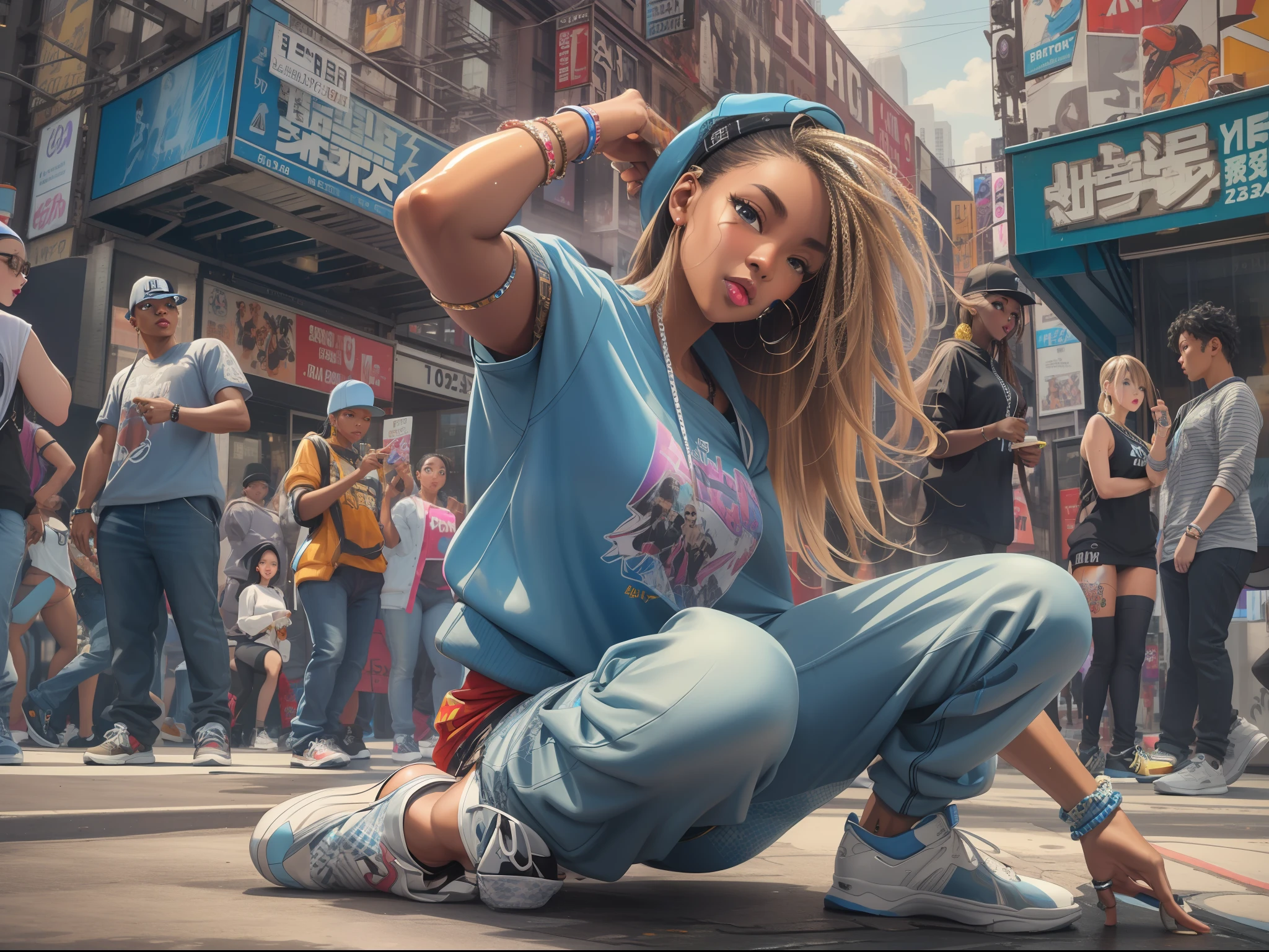 Breakdancing Girl, NewYork City Street, Hiphop outfit, highly detailed photo realistic, ultra sharp focus, ultra high quality, vibrant, (shiny skin:1.4), shiny lips, symmetrical detailed face, realistic body, toned, sexy, masterpiece