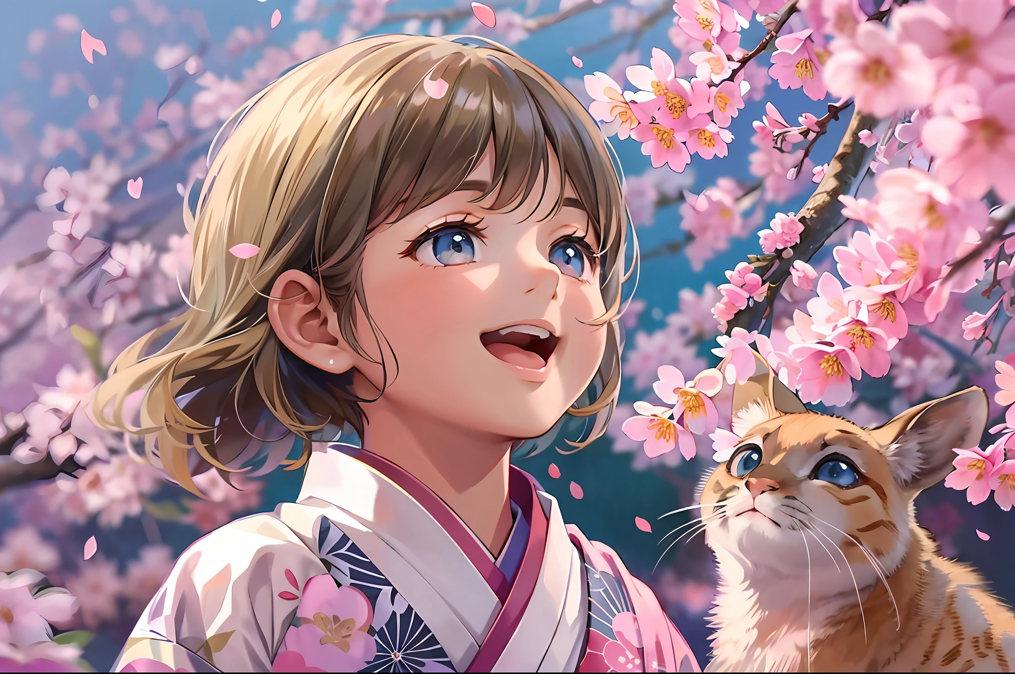  girl in Japanese kimono standing under a blooming cherry blossom tree，head looking up，Raise Hand，Opens mouth and laughs，Big eyes，Small nose，Cute and well-behaved，falling flower petals，fawn，8K分辨率，best qualtiy，tmasterpiece，super-fine，Detailed pubic hair，Accurate