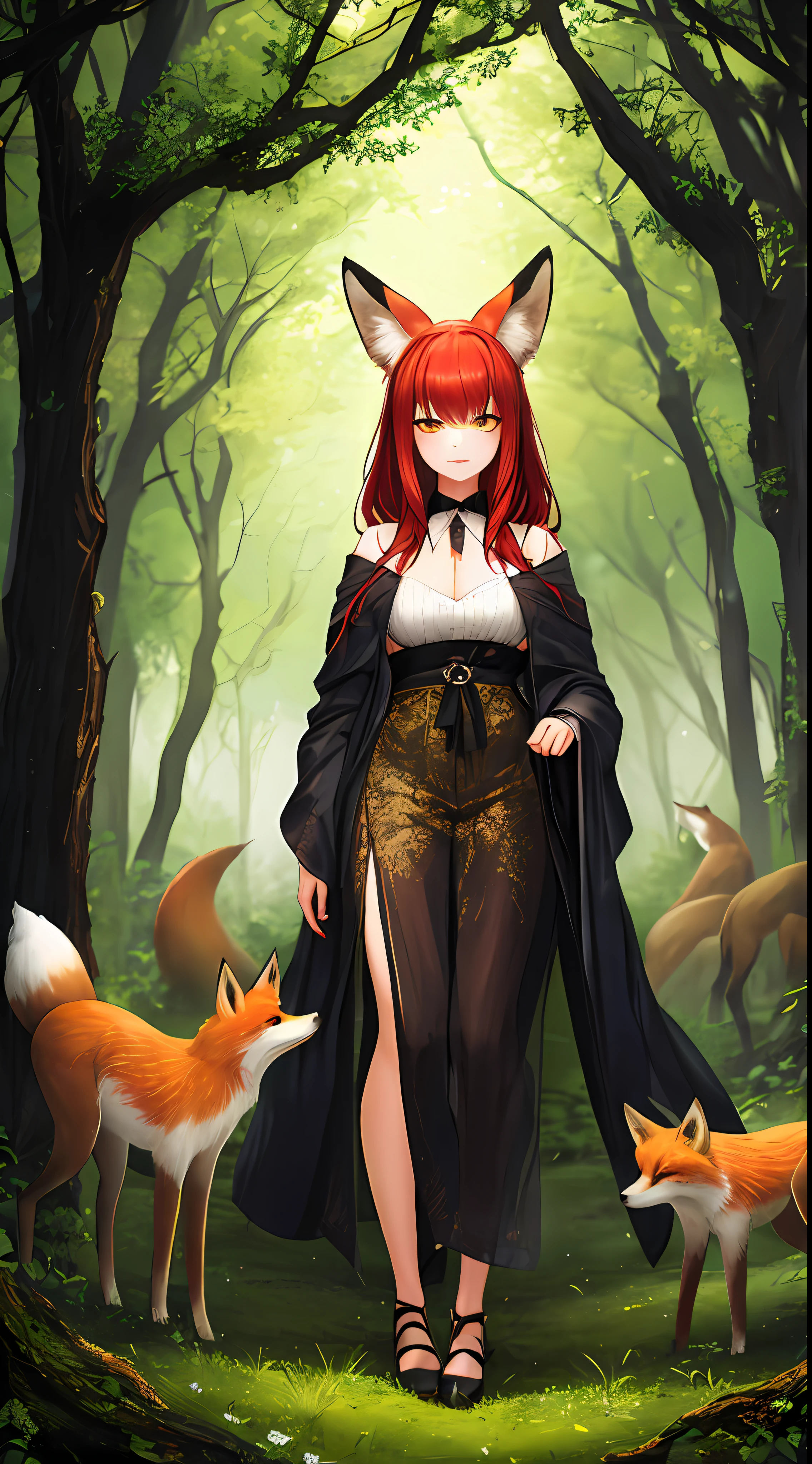 Stunning high-quality image about a red fox woman in a magical forest