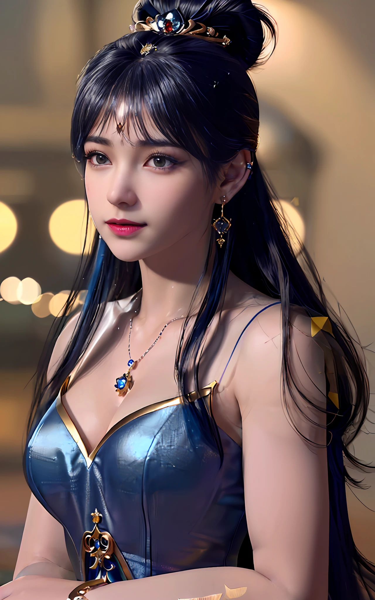 ((realisticity: 1.2)), ((best resolution: 8K UHD)), best quality,masterpiece,highres,cg,
((1 super detailed and super realistic girl)), ((very beautiful queen dazzling, super realistic, and super detailed)), long hair, ((super realistic and super detailed dress)), solo, ((super realistic, super beautiful, gorgeous and super detailed jewelry)), ((super beautiful, super realistic and super detailed dark blue and golden yellow dress)),
((super beautiful, super realistic, super detailed diamond filled earrings)),
((super beautiful, super realistic and super detailed diamond filled hair ornament)), ((super beautiful upper body, super beautiful, super realistic and super detailed)), ((big breasts: 2.5)),
((super grand, super realistic and super detailed royal palace backgroun))
((super beautiful, super beautiful, super realistic and super detailed hair bun)), ((super beautiful, super realistic and super detailed blue hair)),
candid, Photograph, high resolution, 8k,Bokeh,