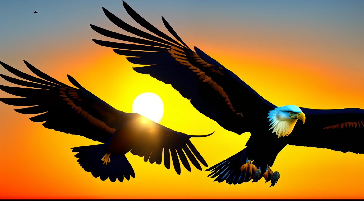 As majestic as ever, the ultra-realistic eagle spread its wings against the backdrop of a setting sun, ready to embark on a cinematic journey.