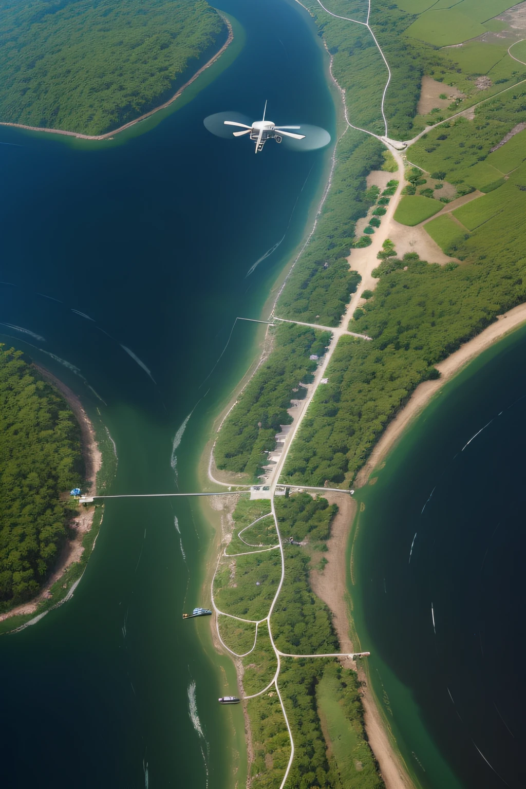 Create the image of a computer showing on your screen the Amazon forest being monitored by a third-person drone and a high-resolution satellite