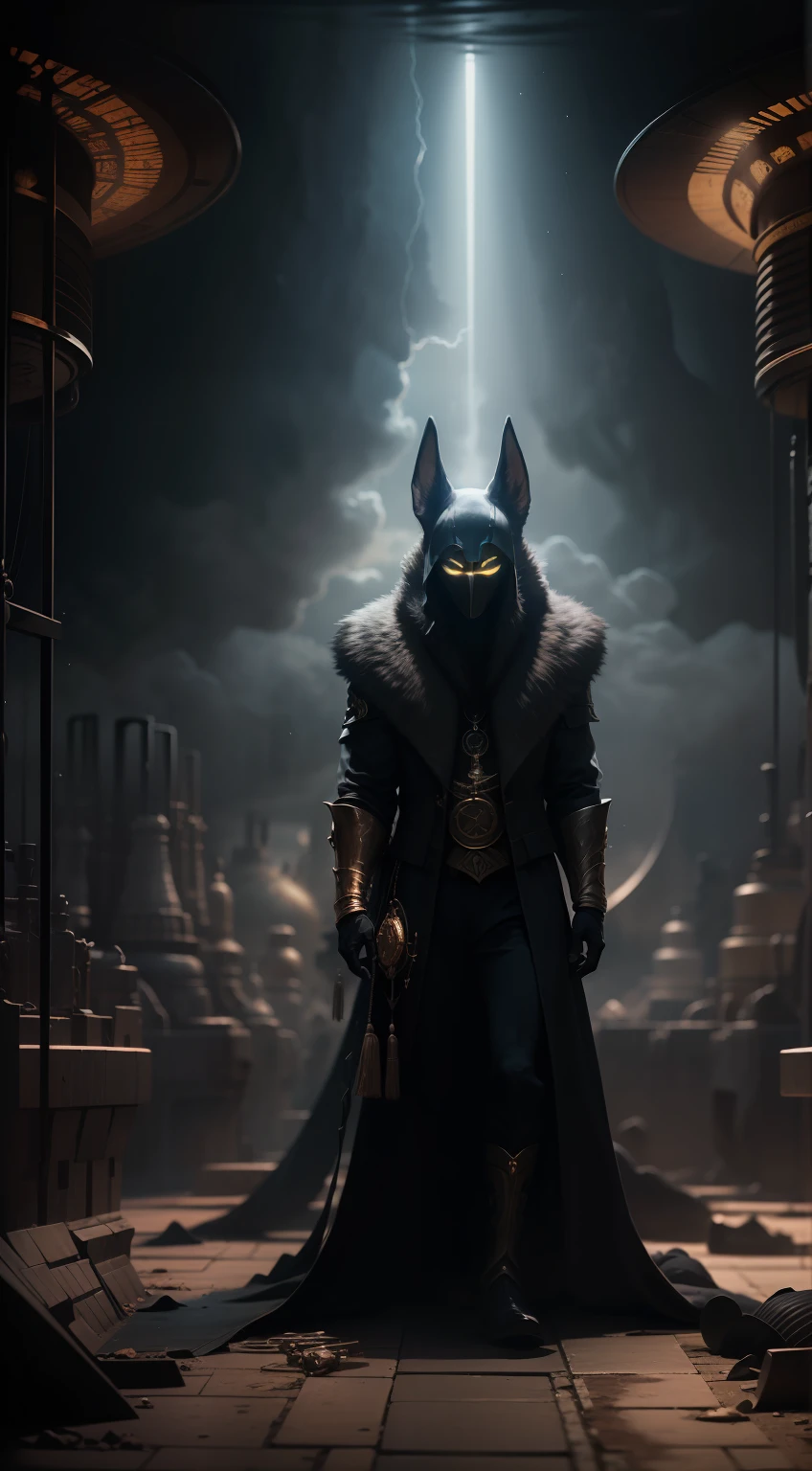 Cinematic light, detail-rich, Best picture quality, the phantom，looking toward the viewer，A dark cloudiness appears in the background，ultra-wide-angle，The Underworld，Surrounded by black gas，Anubis