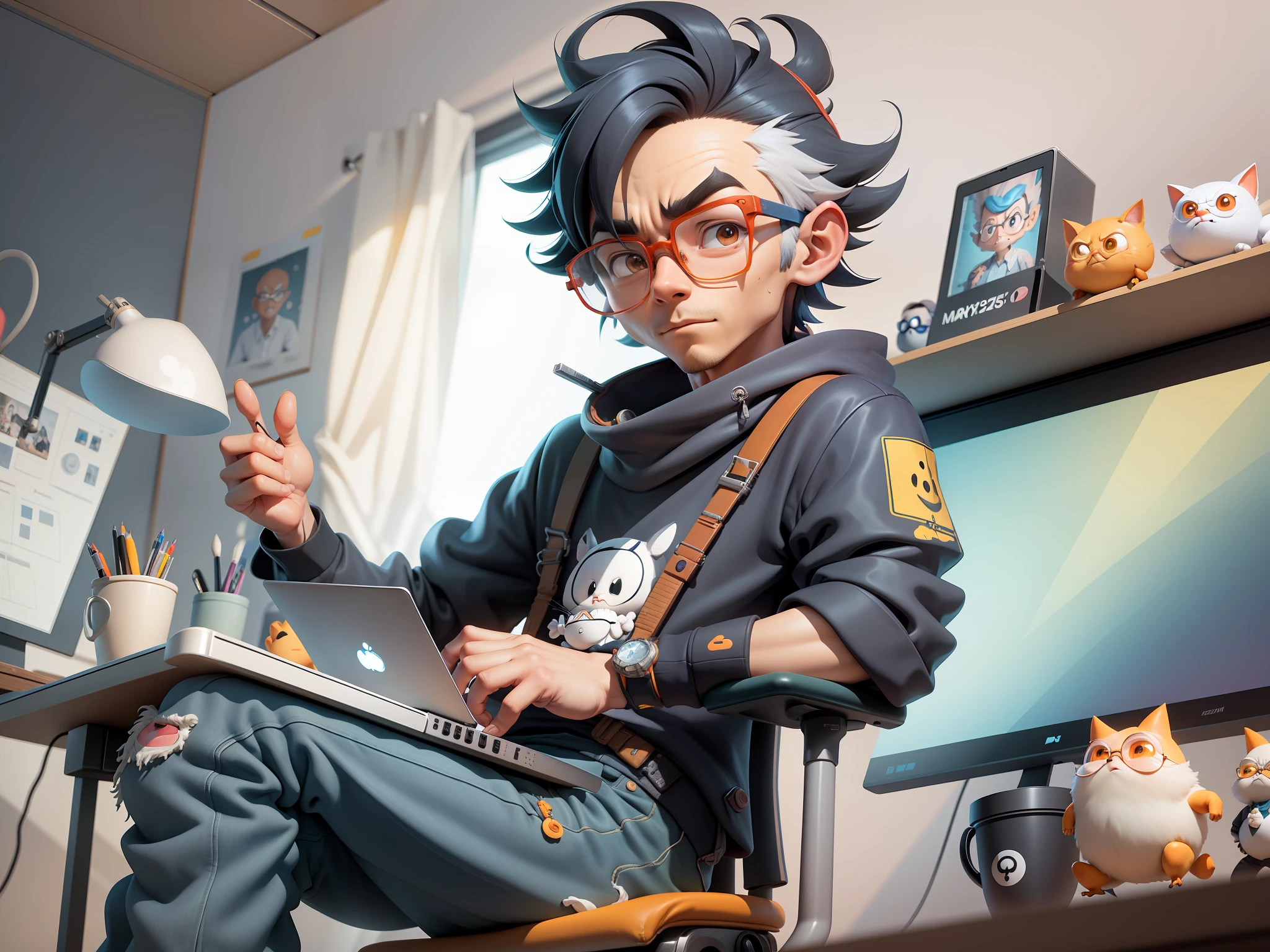 A young man with glasses sits at his desk,holding laptop,digitial painting,3D character design by Mark Clairen and Pixar and Hayao Miyazaki and Akira Toriyama,4K HD illustration,Very detailed facial features and cartoon-style visuals。