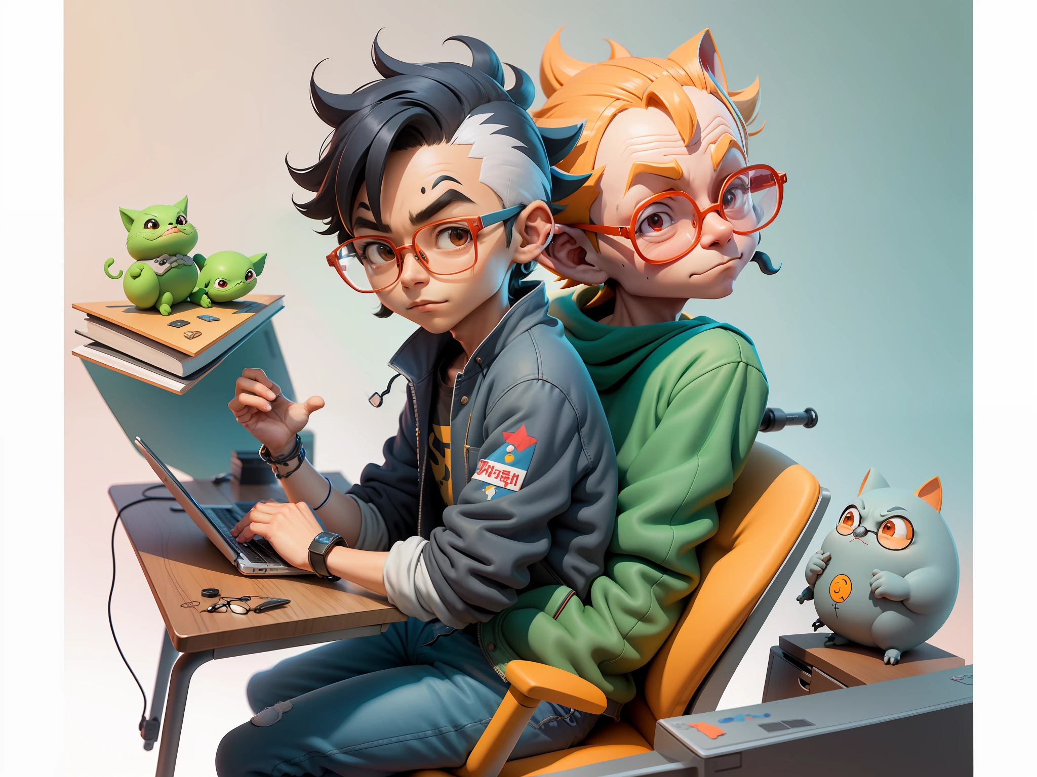 A young man with glasses sits at his desk，holding laptop，digitial painting，3D character design by Mark Clairen and Pixar and Hayao Miyazaki and Akira Toriyama，4K HD illustration，Very detailed facial features and cartoon-style visuals。