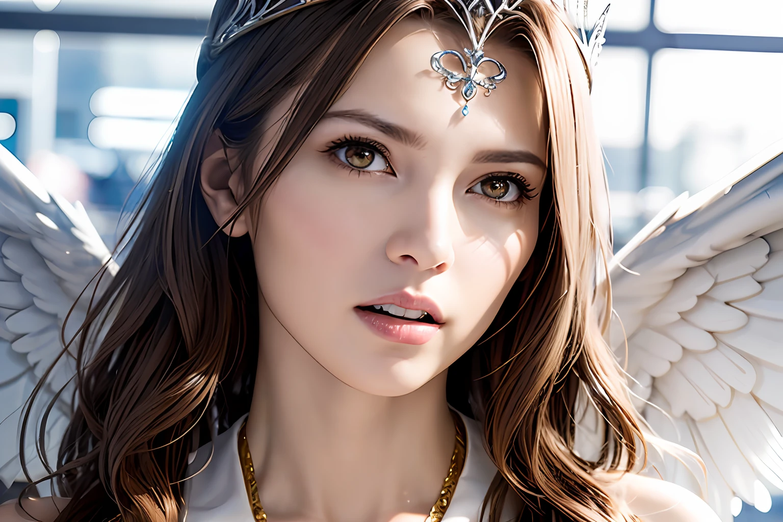 Ultra-detailed complex 3D rendering of the face, (Colossal: 8.8), (masterpiece, top quality, octane rendering, 8K), glamour shot full body image, cleavage, (highly detailed skin: 1.2), (exposure: 1.1), (blonde), (wearing a plummet tank top of gold silk: 1.5)), blonde hair, beautiful Caucasian woman with full soft breasts and white skin, one with big ass, long braided hair, big breasts, dynamic angle, mystical expression, ultra-realistic photography, (((((portrait))), bare feet, futuristic city background, facial muscles, detailed and beautiful queen tiara, in the style of Marvel Comics, clear focus, studio photography, intricate details, highly detailed, detailed yellow eyes, sharp focus, digital rendering, professional, abs, ((((sexy pose))), natural jungle, open mouth lightly, mansle, open crotch, seductive look, angel ring, detailed angel wings, angel ring, detailed mouth inside,