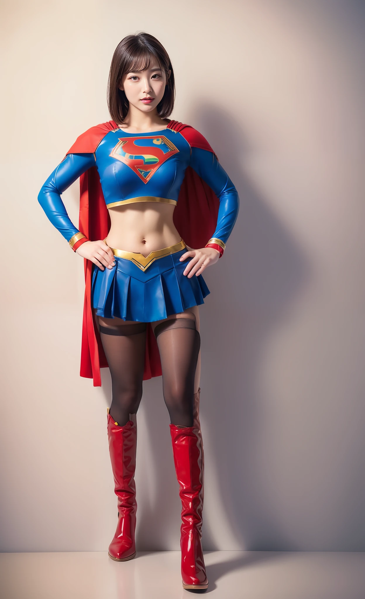 Wearing light black stockings covering her thighs