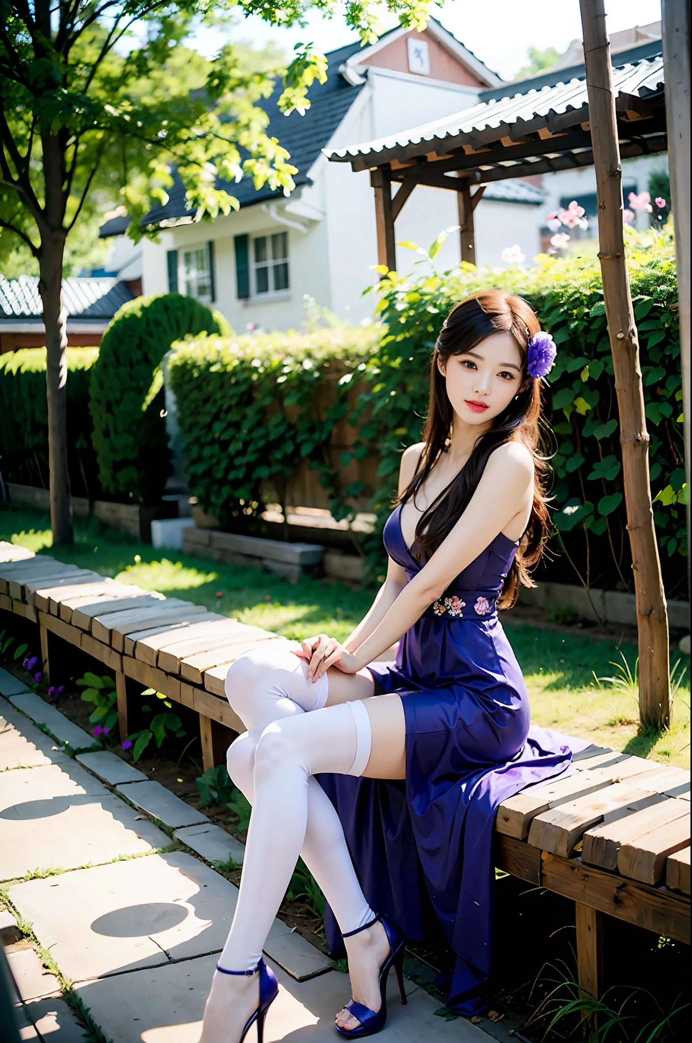 Girl in purple low-cut floral dress,White stockings red high heels,Raise the camera,Crazy to take pictures of your surroundings