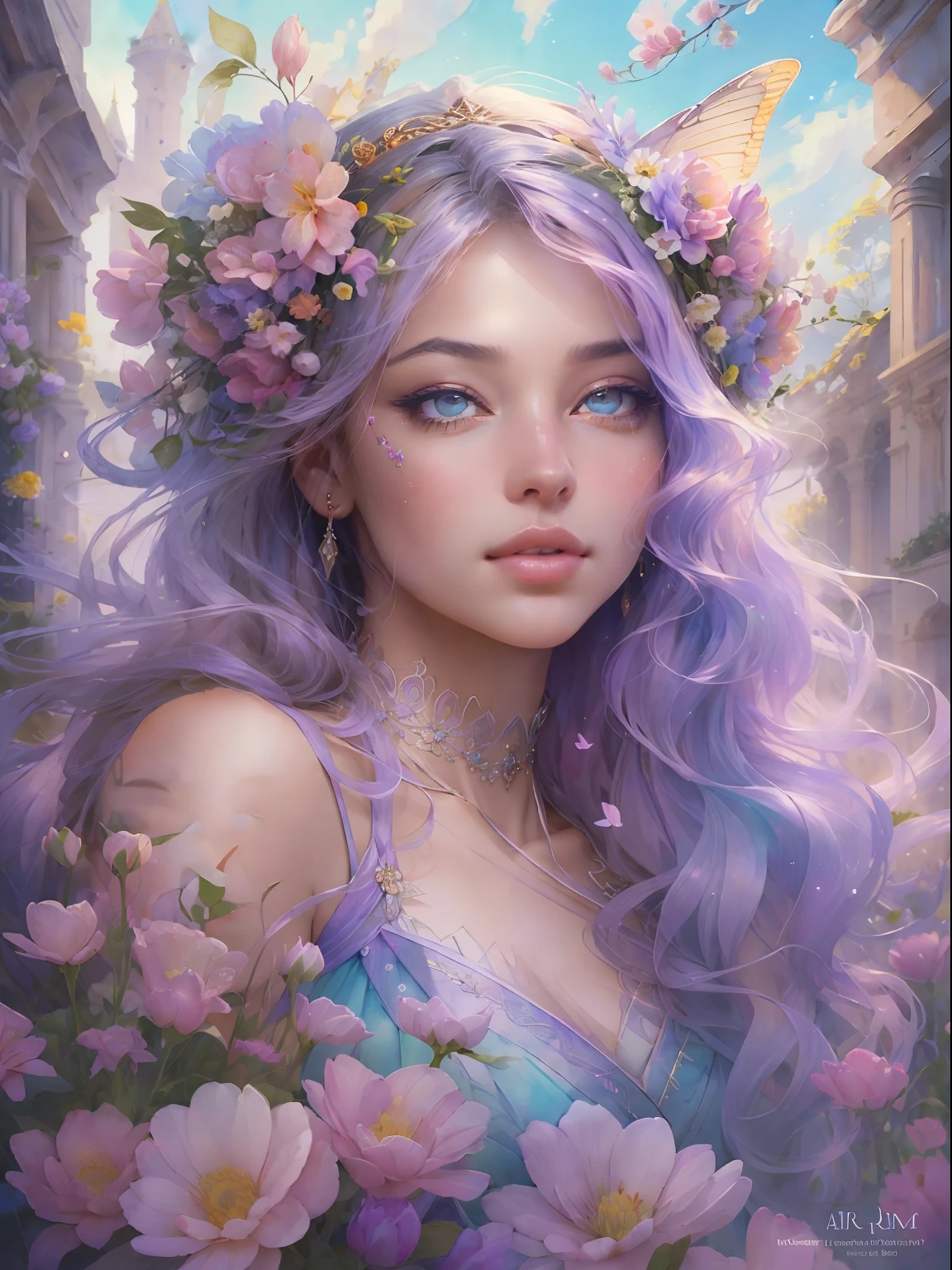 This artwork is dreamy and in the style of mythic fantasy, with soft watercolor hues in varying shades of pink, blue, and purple. Generate an ornate figure from Greek mythology and realistic skin and hair texture. Her strong, proud face has realistically shaded eyes and puffy lips, and a big mouth. Her soft, realistic hair is dancing in the breeze along with the flowers and detailed butterflies that surround her. Include highly detailed fantasy touches including a beautiful watercolor sky. Include 8k eyes, hires eyes, beautiful detail eyes, beautiful detailed eyes, and realistic eyes. Include fantasy details, enhanced details, iridescence, and colorful glitter. Pay special attention to her face and make sure it is beautifully and realistically detailed. 8k, intricate, elegant, highly detailed, majestic, digital photography, art by artgerm and ruan jia and greg rutkowski, (((masterpiece, finely detailed beautiful eyes: 1.2))), hdr, ((realistic skin texture)), rays of light, ornate flowers, dew drops, sunlight, hazy rays of sun, flowergateway style, castle, palace, archway, flowers, growing