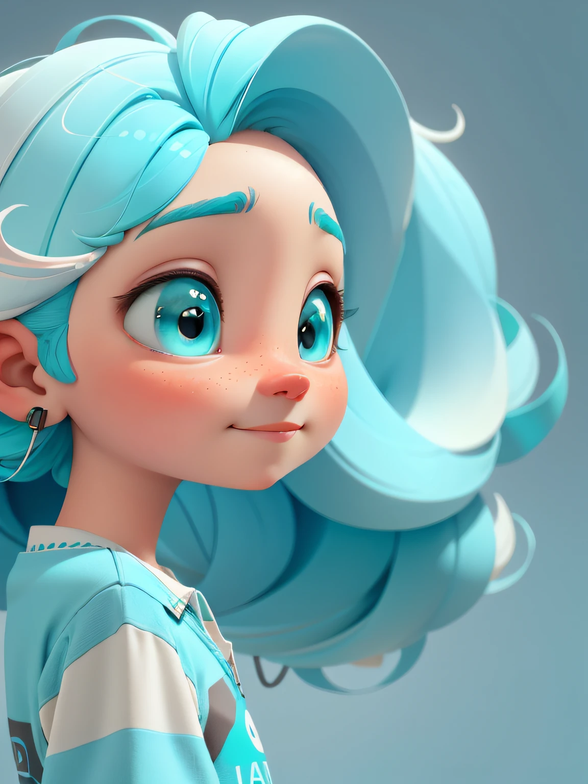 uma menina, com fones de ouvido branco, tridimensional, gradient color matching from light blue to turquoise, com tons de amarelo, using 4K resolution, using simple and natural composition, cartoon