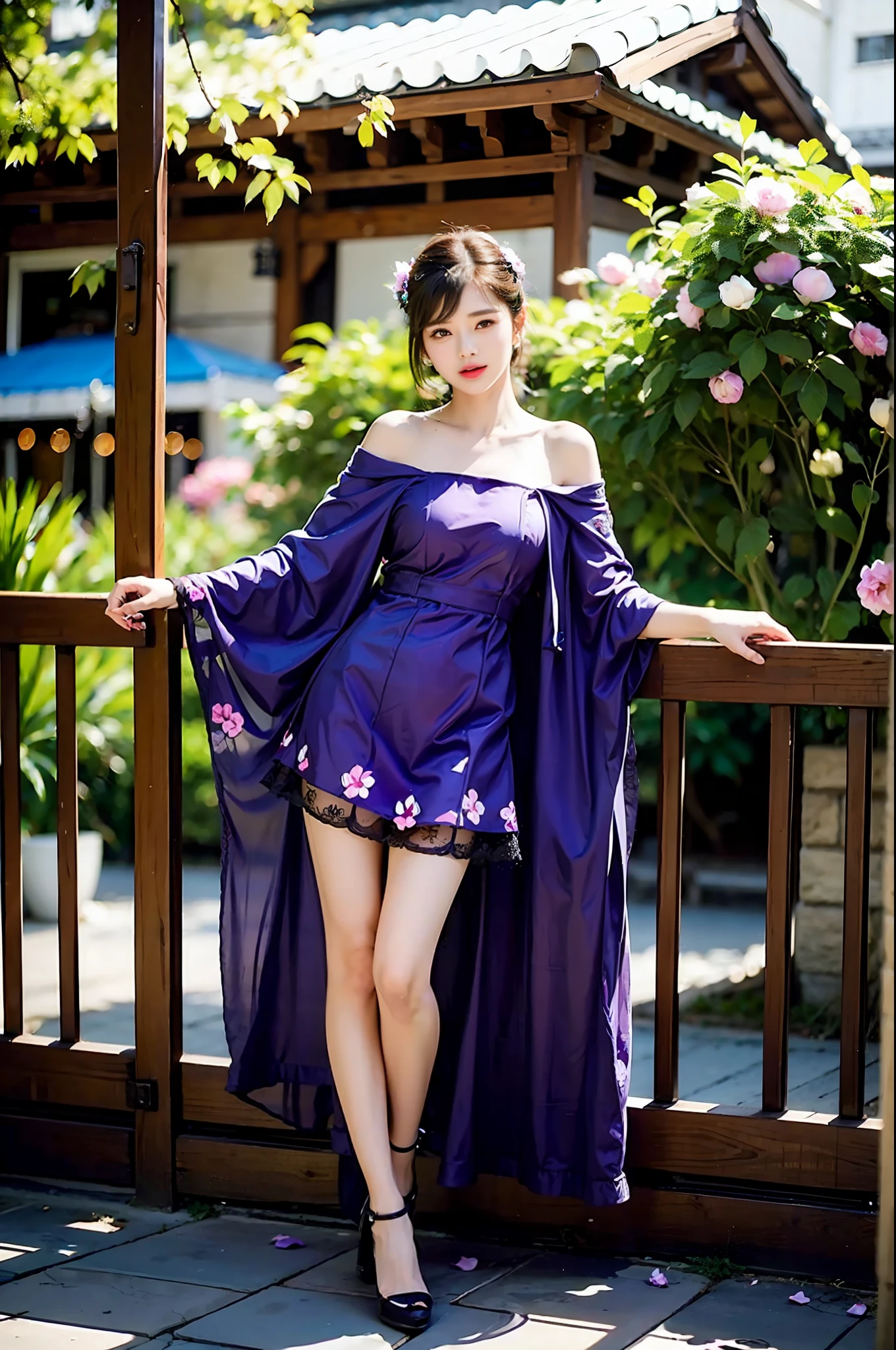 Girl in purple low-cut floral dress,White stockings red high heels,Raise the camera,Crazy to take pictures of your surroundings