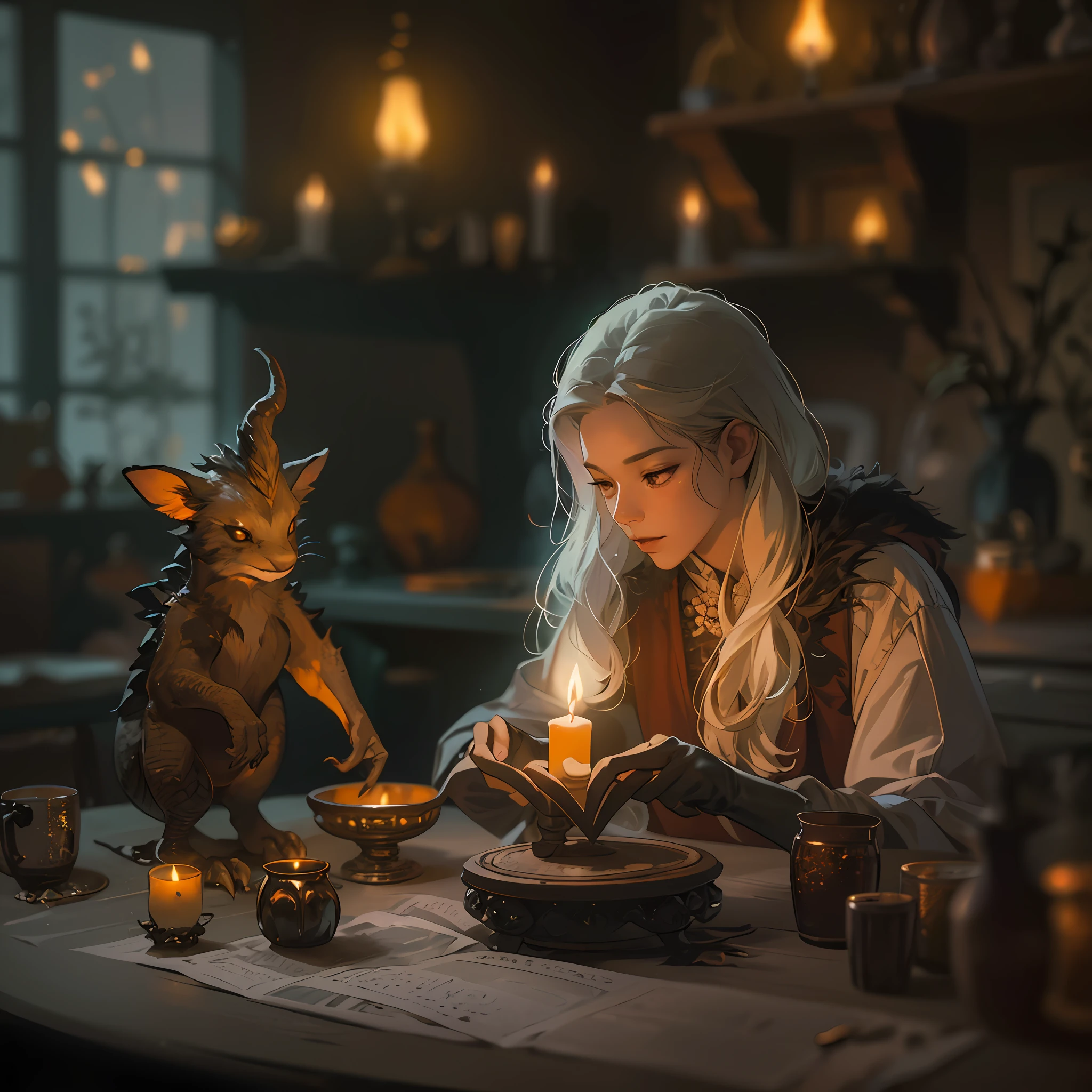 Witch making a magic spell, little dragon on a table,candle light, realistic style, 8k,exposure blend, medium shot, bokeh, (hdr:1.4), high contrast, (cinematic, orange and white film), (muted colors, dim colors, soothing tones:1.3), low saturation, (hyperdetailed:1.2),