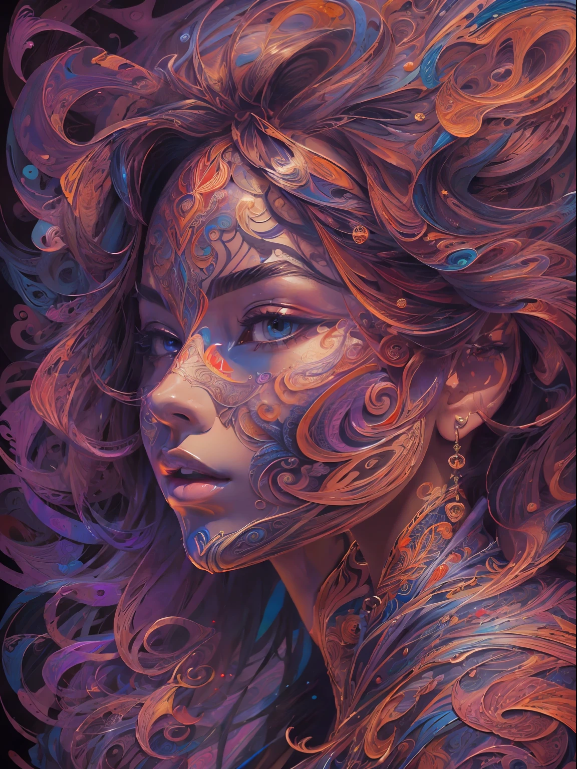 This image features a beautiful, striking colorful portrait emerging from a black canvas. Generate a very colorful portrait of a woman on a black canvas. (masterpiece, top quality, best quality, official art, beautiful and aesthetic:1.2), (1girl:1.3), extremely detailed,(fractal art:1.2), colorful, highest detailed,(zentangle:1.2), (dynamic pose), (abstract background:1.5), (traditional dress:1.2), (shiny skin), (many colors:1.4), upper body, masterpiece, best quality, high quality, highres, 16, RAW, ultra highres, ultra details,finely detail, an extremely delicate and beautiful, extremely detailed, real shadow, anime, highly detailed painted, award-winning glamour painting, wonderful painting, art style, stylized,