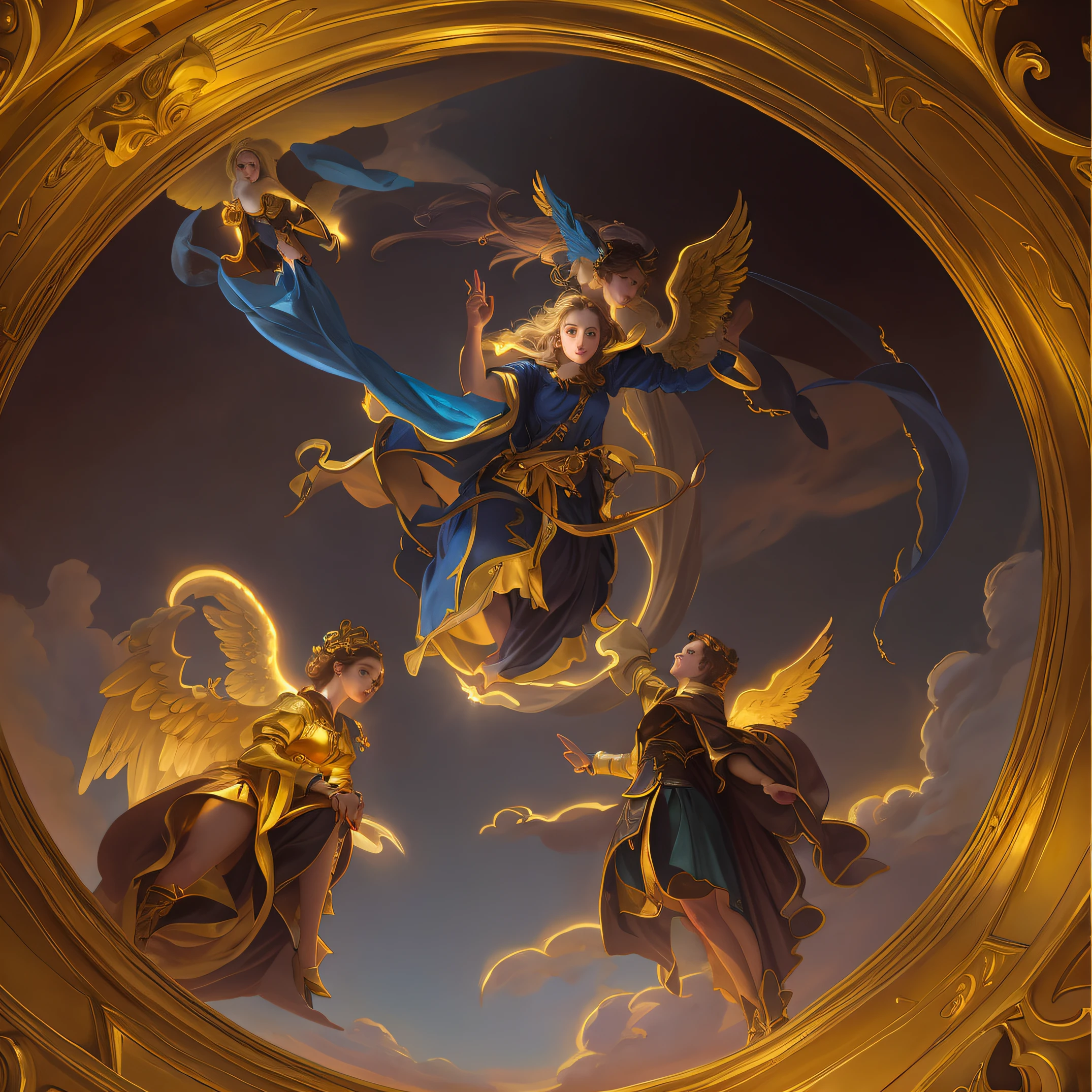 There are three angels flying in the sky above the golden frame, baroque digital painting, concept art magical highlight, full art, holy fire spell art, high qulity,The faces of the characters are beautiful,Good body proportions,Classical oil painting,Western oil painting,church painting, painted in the style arcane, In the art style of Mohrbacher, hearthstone art, artgerm julie bell beeple, baroque painting. star lit sky