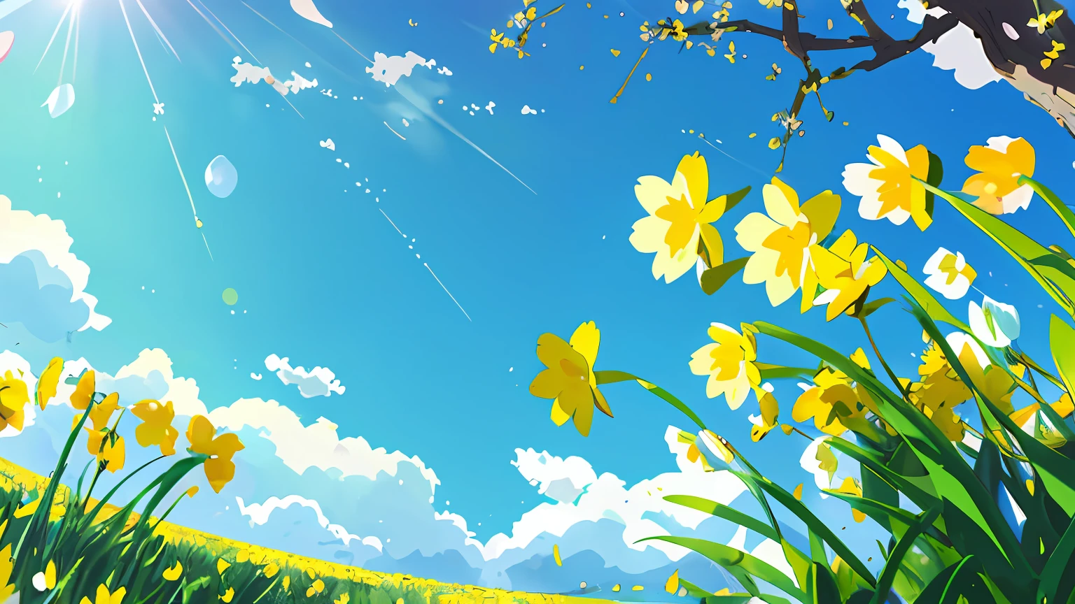 There are many yellow flowers blooming in the field under the blue sky, narcissus, sunny day background, pc wallpaper, Anime Background, background artwork, spring day, flowerfield background, perfect spring day with, spring blossoms, 4K HD Illustration Wallpapers, Anime Background Art, 4K HD wallpaper illustration, bright sunny day, spring time, springtime morning, sunny meadow