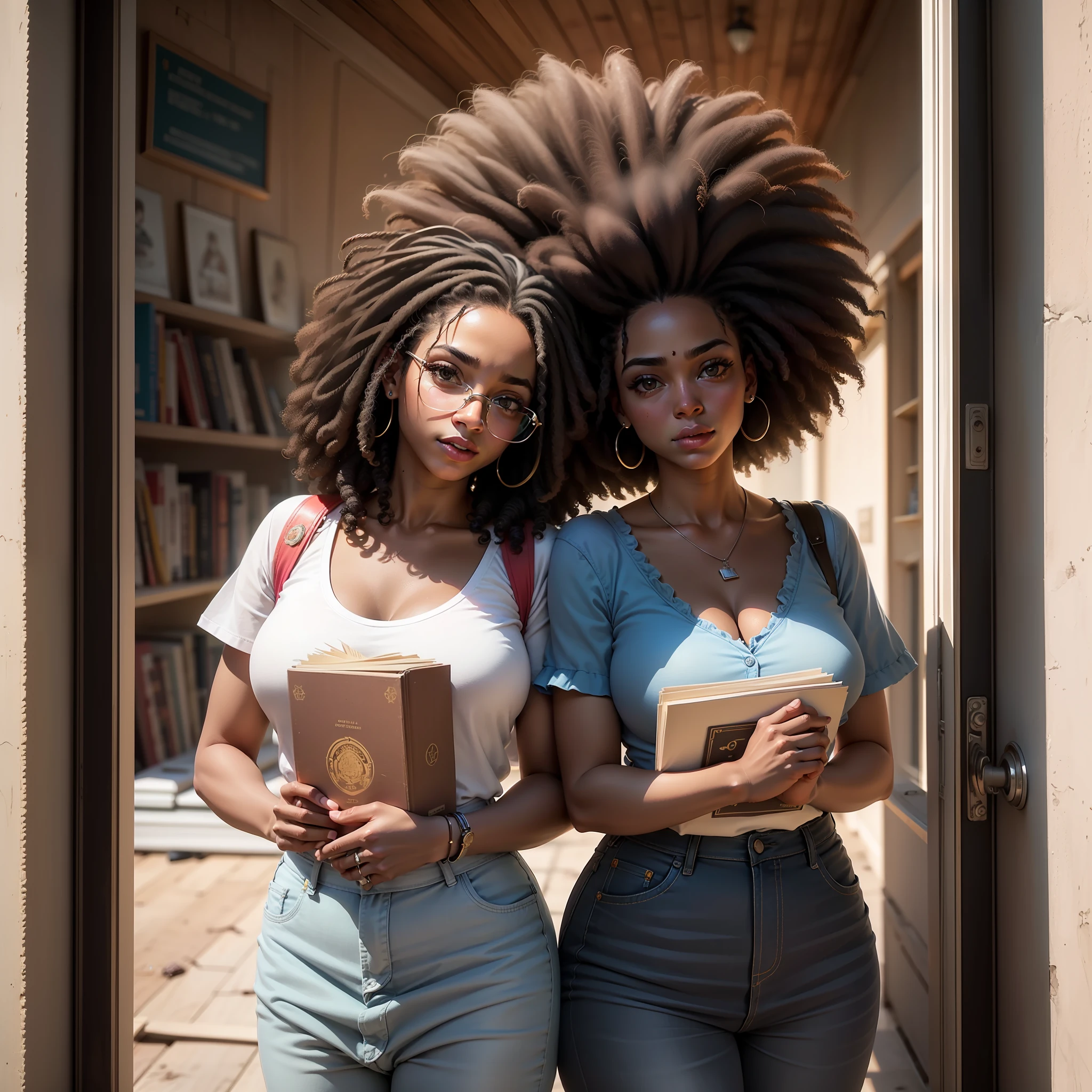 foto de retrato de Tina  cabelo afro enorme preso  preto,  mulher bonita, pentead preso , sentada no banco ,  bolsa livros, por do sol  (obra-prima) (melhor qualidade) (detalhado) (8k) (HDR) (papel de parede) (cinematic lighthing) (foco nítido) (intrincado