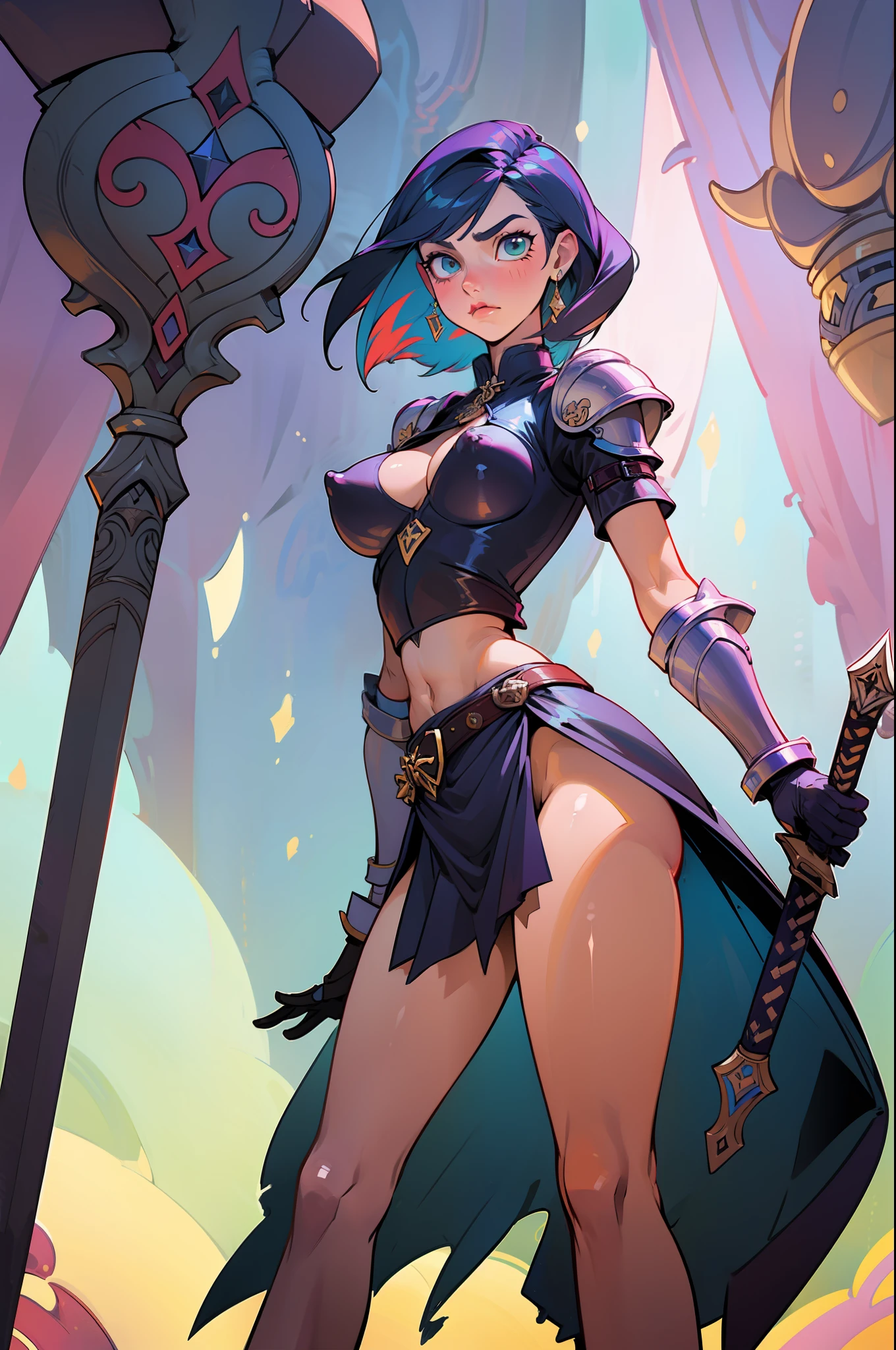 Two stunning female knights with detailed face, flawless features and slender figures vibrant multicolored hair, ample bosoms, huge breasts, detailed erect nipples, standing side by side, wearing sleek leather armor that reveals their toned midriffs, cleavage, and thighs, sexy stockings, (no panties:1.5), detailed vagina, (pussy juice:1.2). They stride confidently in high heels and don gloves, wielding a variety of weapons including swords, maces, axes, and shields. The scene exudes a sense of fantasy and takes place in an unpredictable location (NFSW).