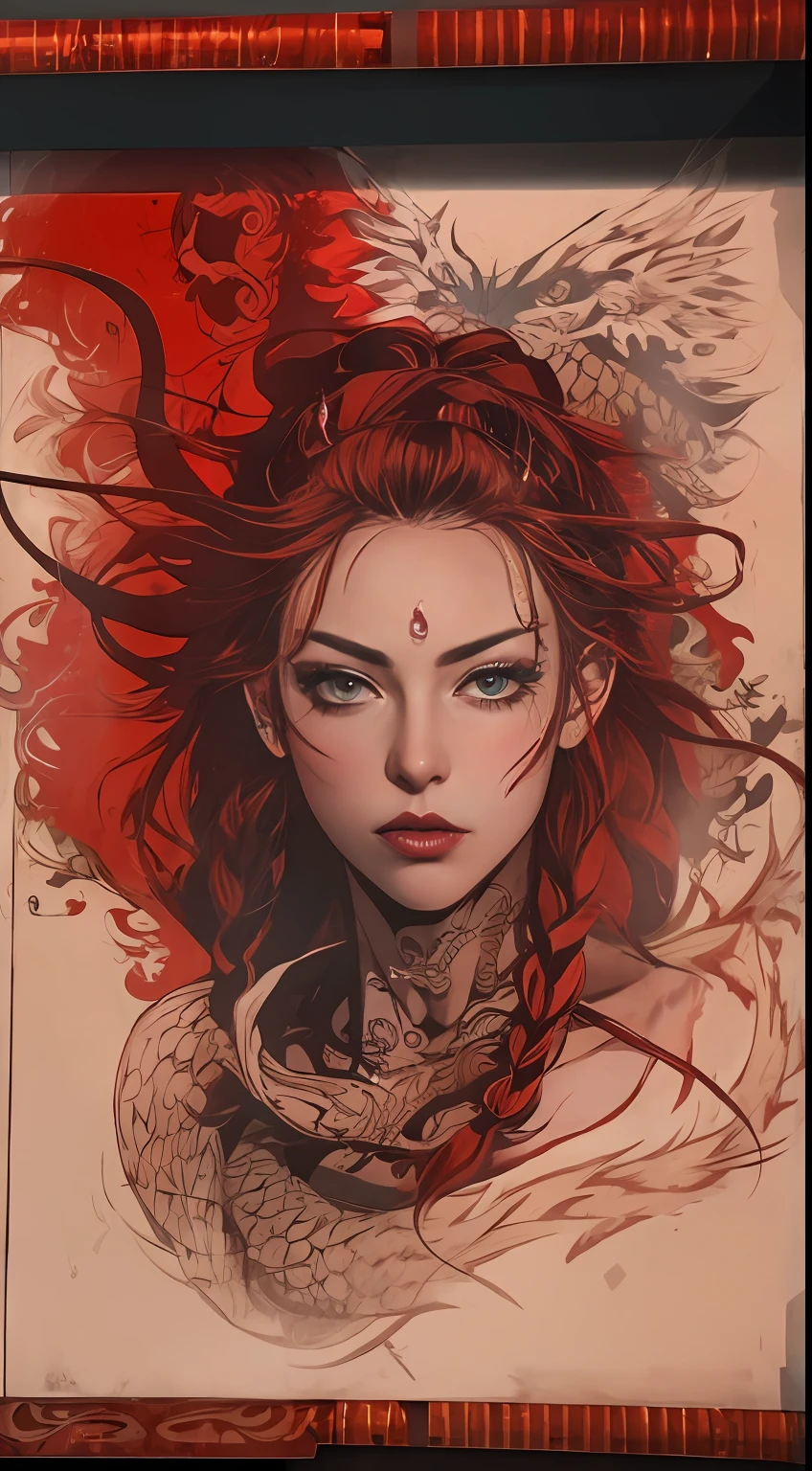 Red background,Contre-Jour,Dragon-shaped screen,tattoo,Dirty braids,a beautiful woman,Delicate facial features,The eyes are fierce,A cigarette lit in the mouth,Bust photo,